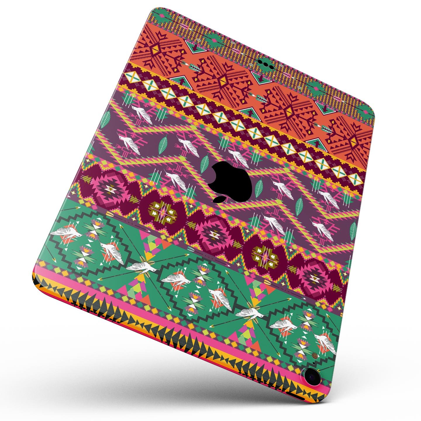 Vector Aztec Birdy Pattern skin decal for Apple iPad, showcasing vibrant colors and intricate design for stylish protection.