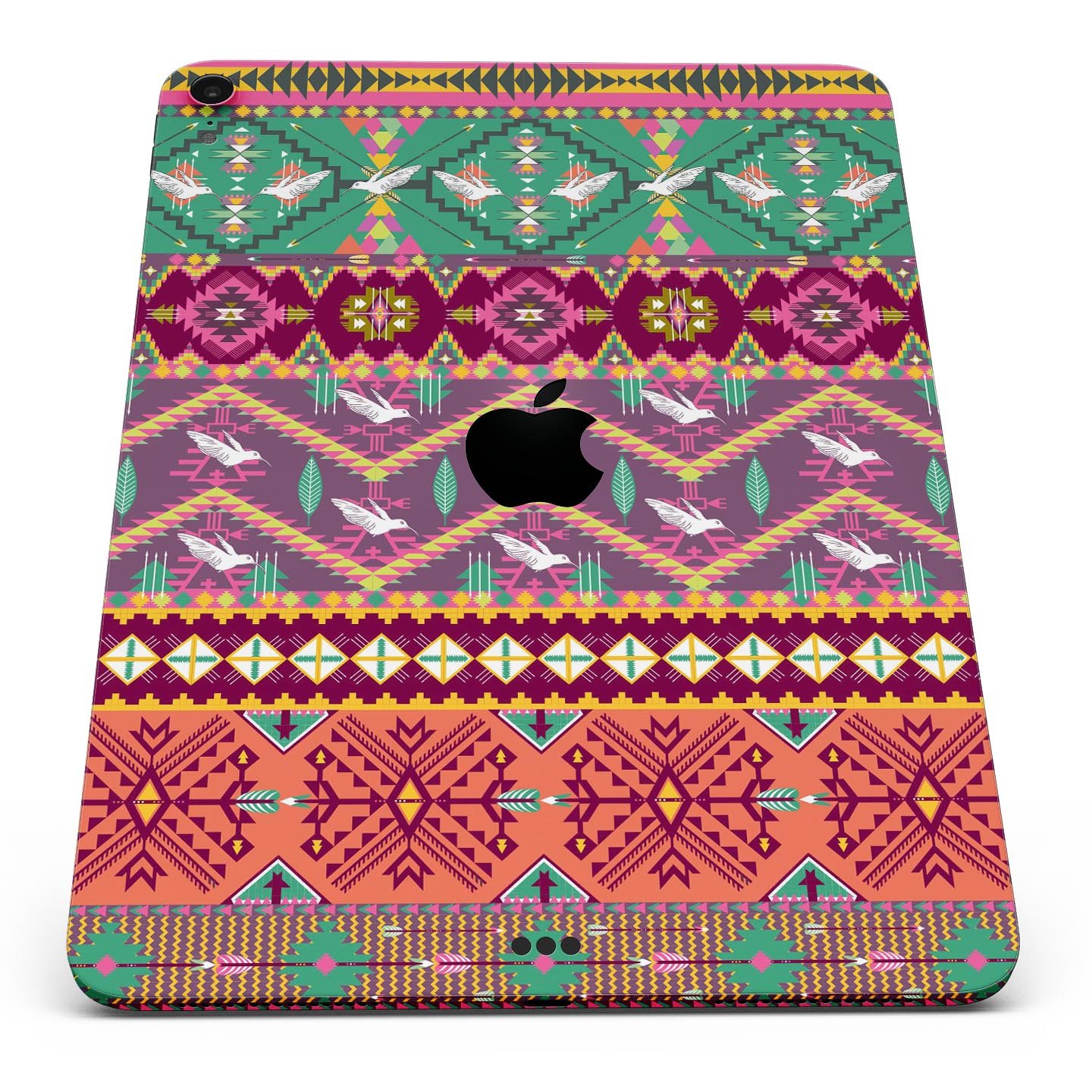 Vector Aztec Birdy Pattern skin decal for Apple iPad, showcasing vibrant colors and intricate design for stylish protection.