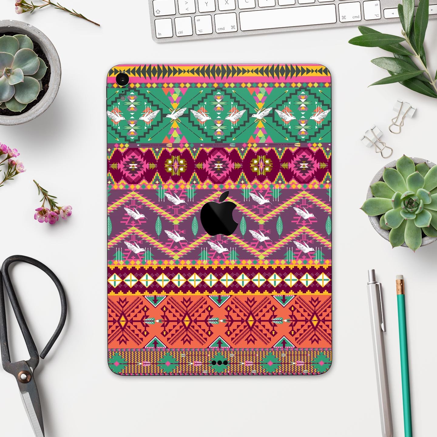 Vector Aztec Birdy Pattern skin decal for Apple iPad, showcasing vibrant colors and intricate design for stylish protection.