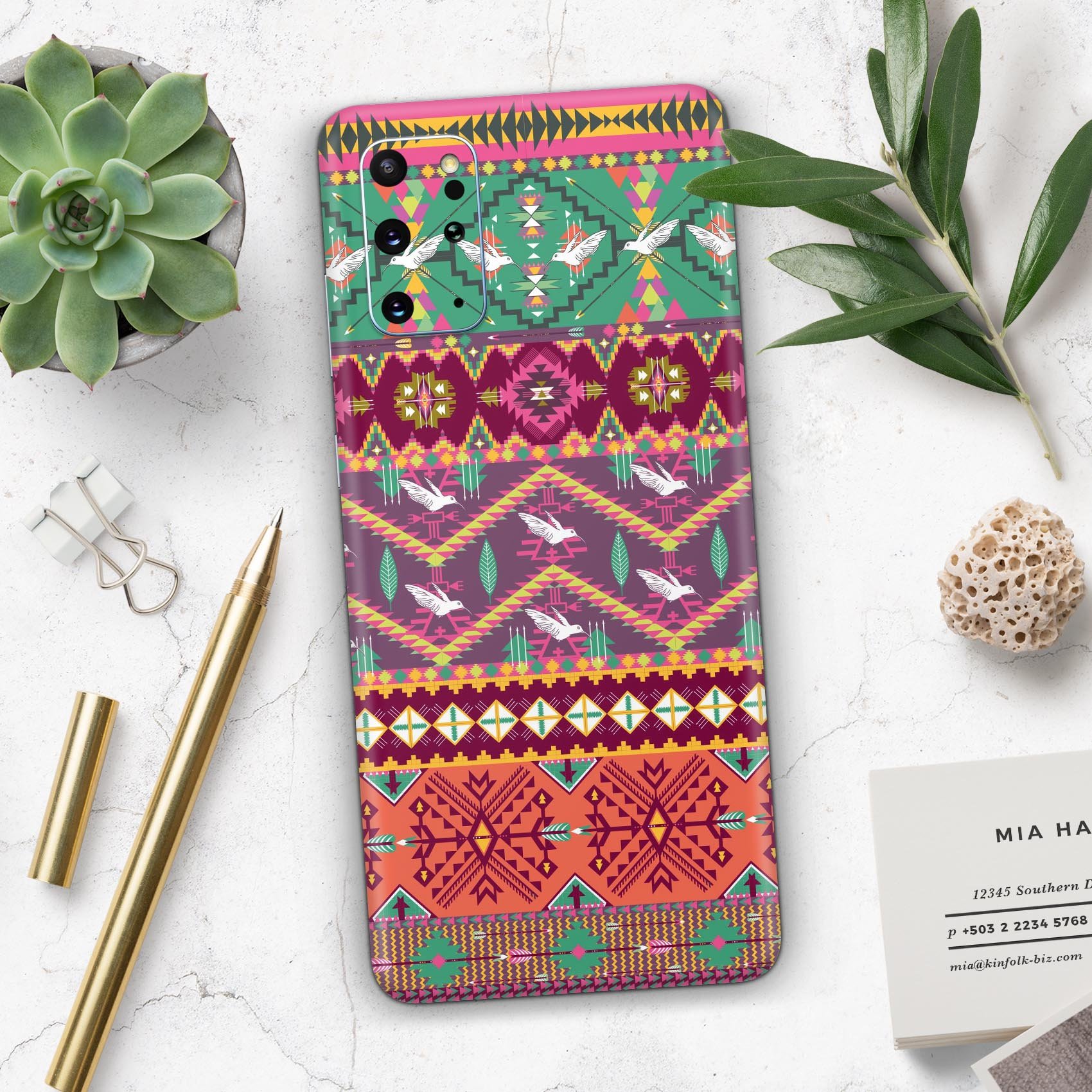 Vector Aztec Birdy Pattern skin-kit for Samsung Galaxy S-Series, showcasing vibrant colors and intricate design.