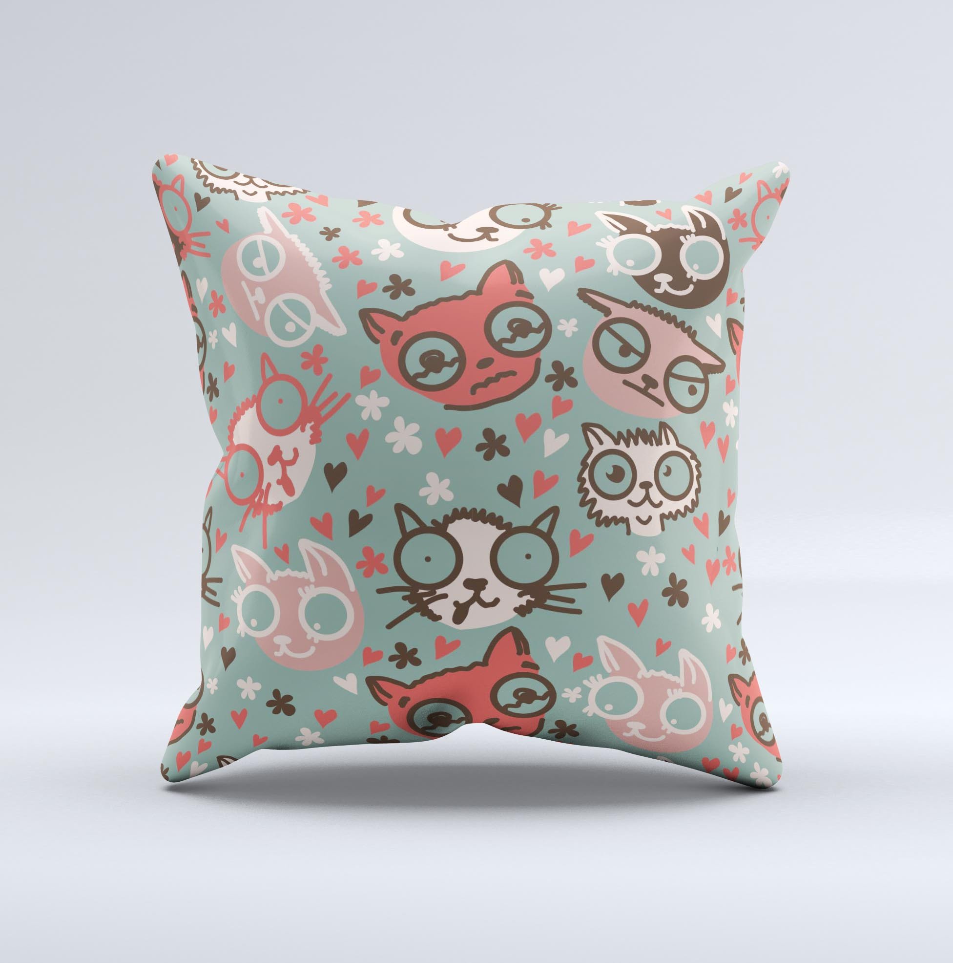 Vector Cat Faced Collage Decorative Throw Pillow featuring a whimsical cat design, handcrafted in Virginia with high-quality materials.