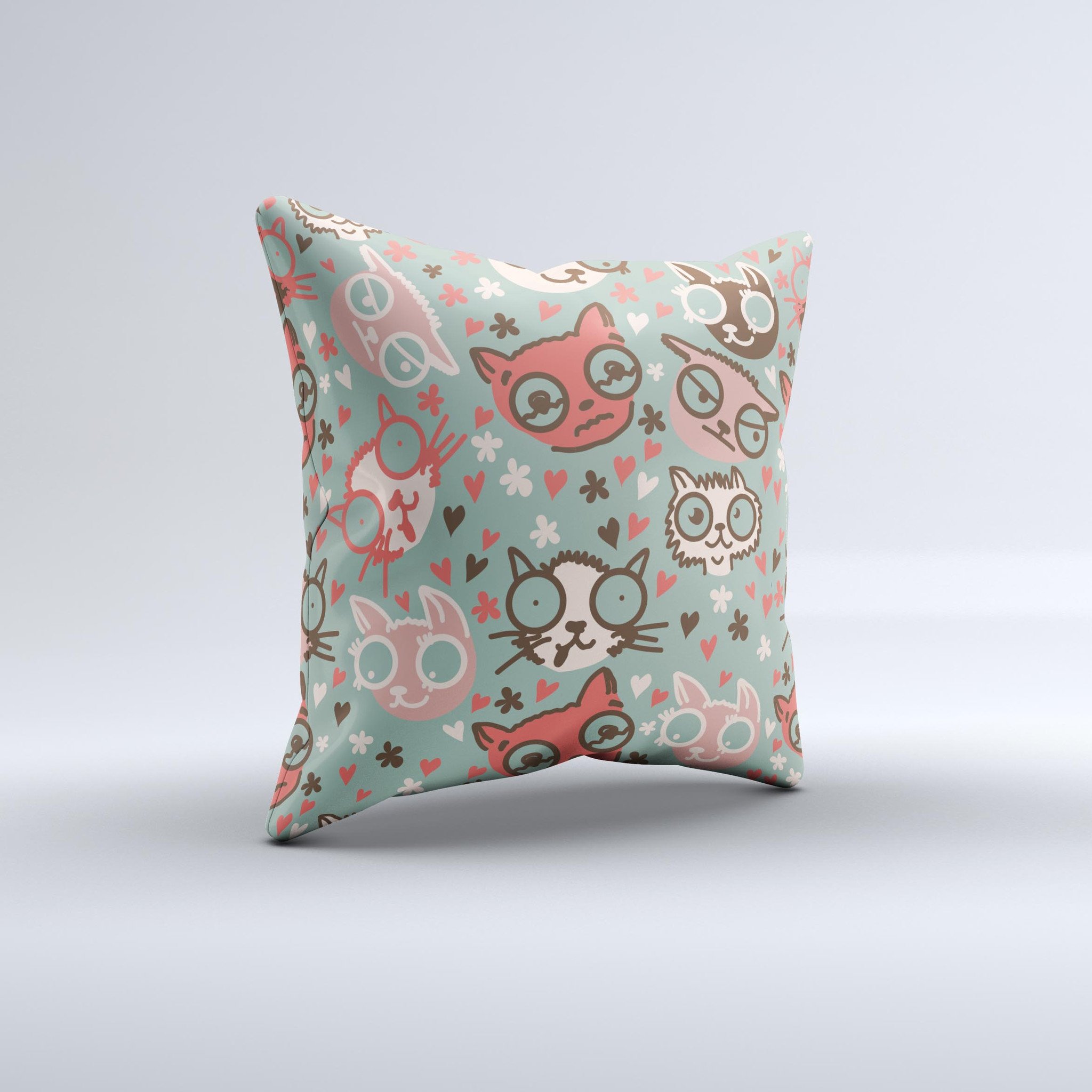 Vector Cat Faced Collage Decorative Throw Pillow featuring a whimsical cat design, handcrafted in Virginia with high-quality materials.