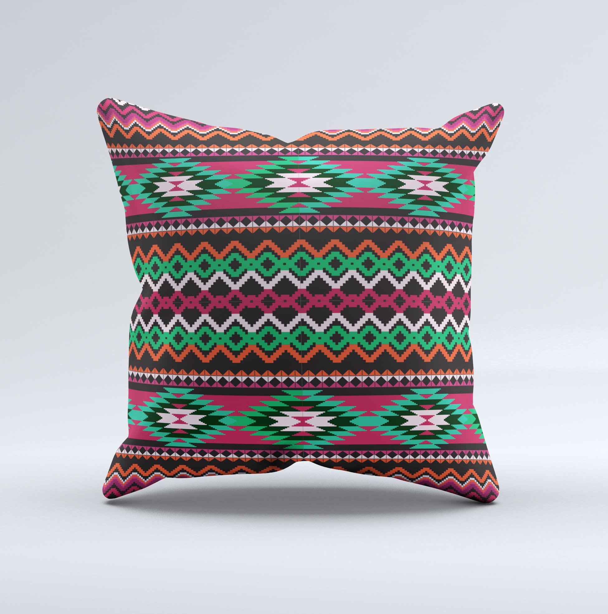 Vector Green and Pink Aztec Pattern Decorative Throw Pillow, handcrafted in Virginia with high thread count fabric and polyester filling.