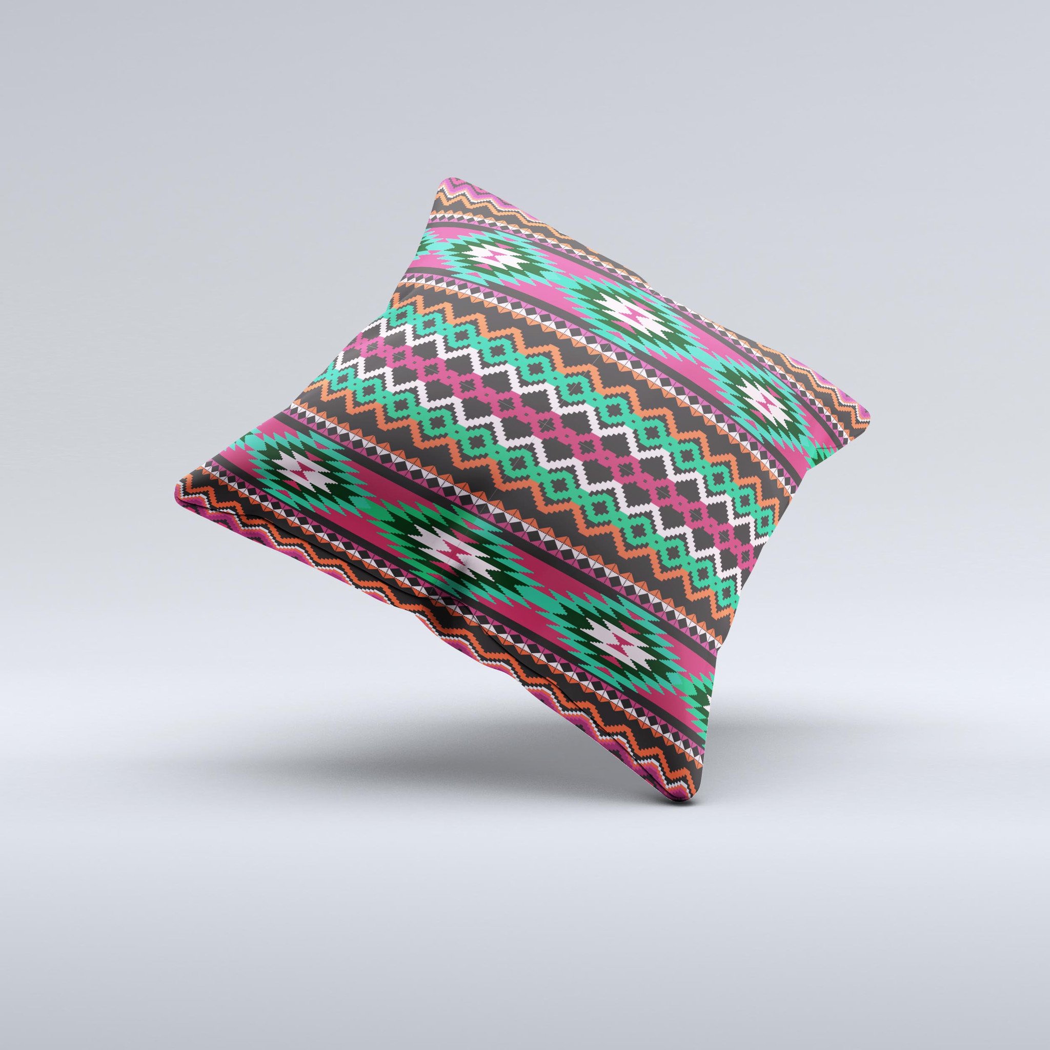 Vector Green and Pink Aztec Pattern Decorative Throw Pillow, handcrafted in Virginia with high thread count fabric and polyester filling.