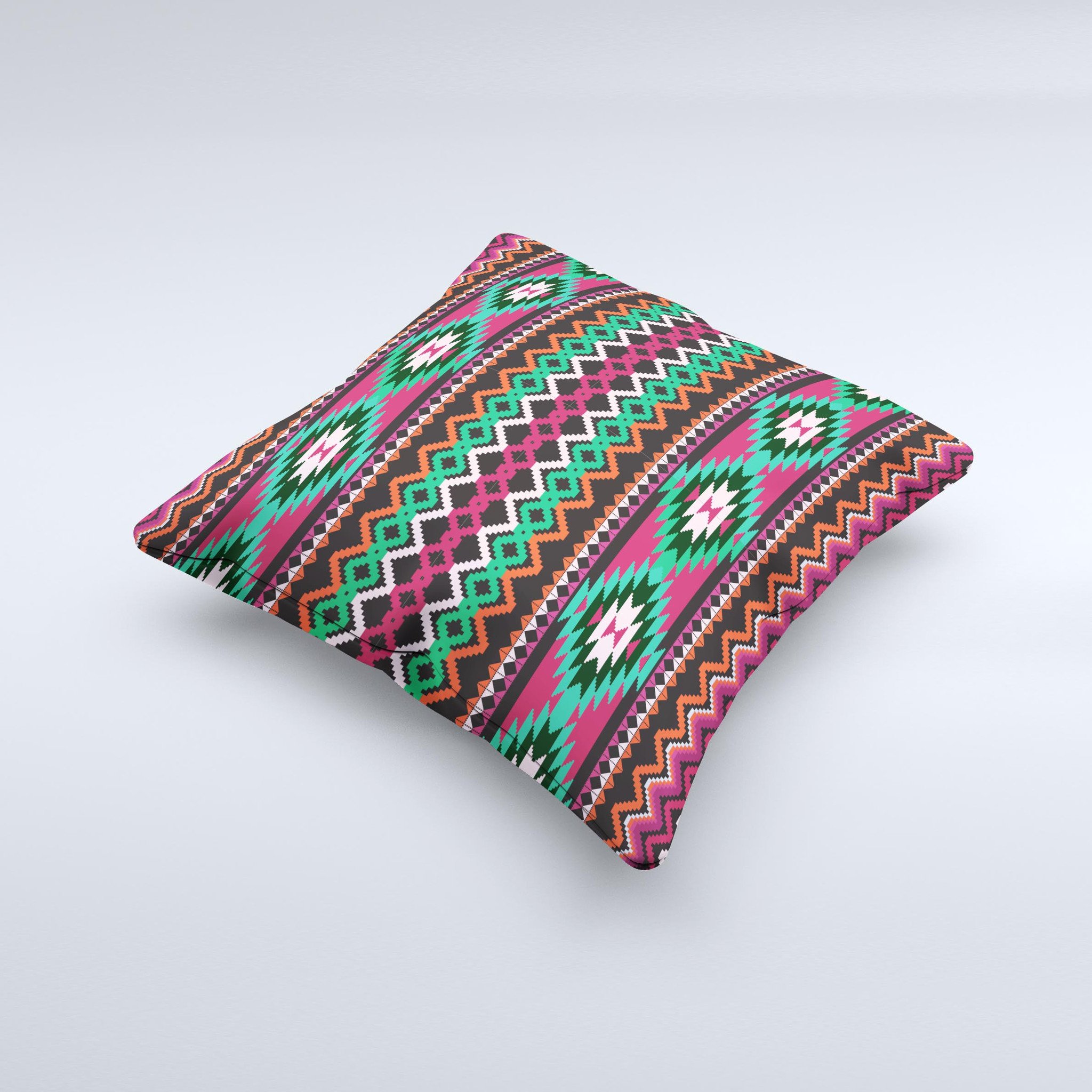 Vector Green and Pink Aztec Pattern Decorative Throw Pillow, handcrafted in Virginia with high thread count fabric and polyester filling.