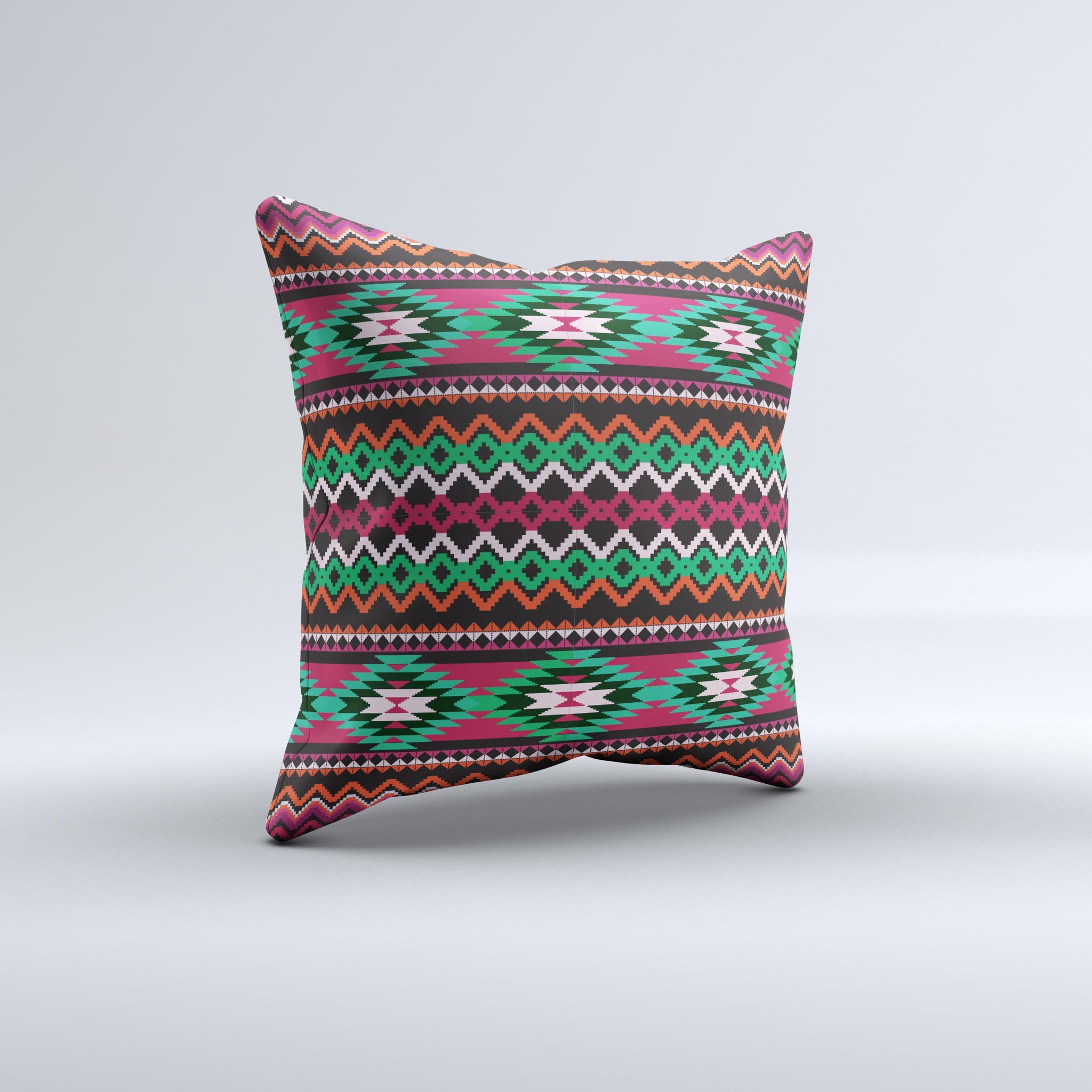 Vector Green and Pink Aztec Pattern Decorative Throw Pillow, handcrafted in Virginia with high thread count fabric and polyester filling.