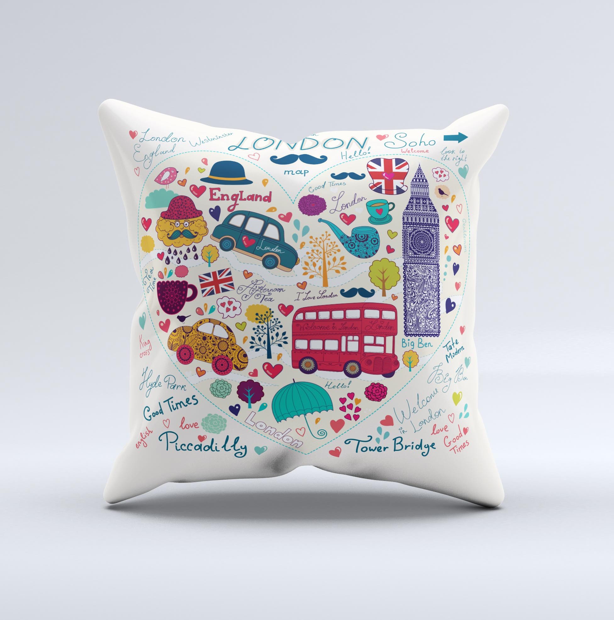 Vector London Sketchbook Collage Ink-Fuzed Decorative Throw Pillow featuring unique artistic design and high-quality fabric.