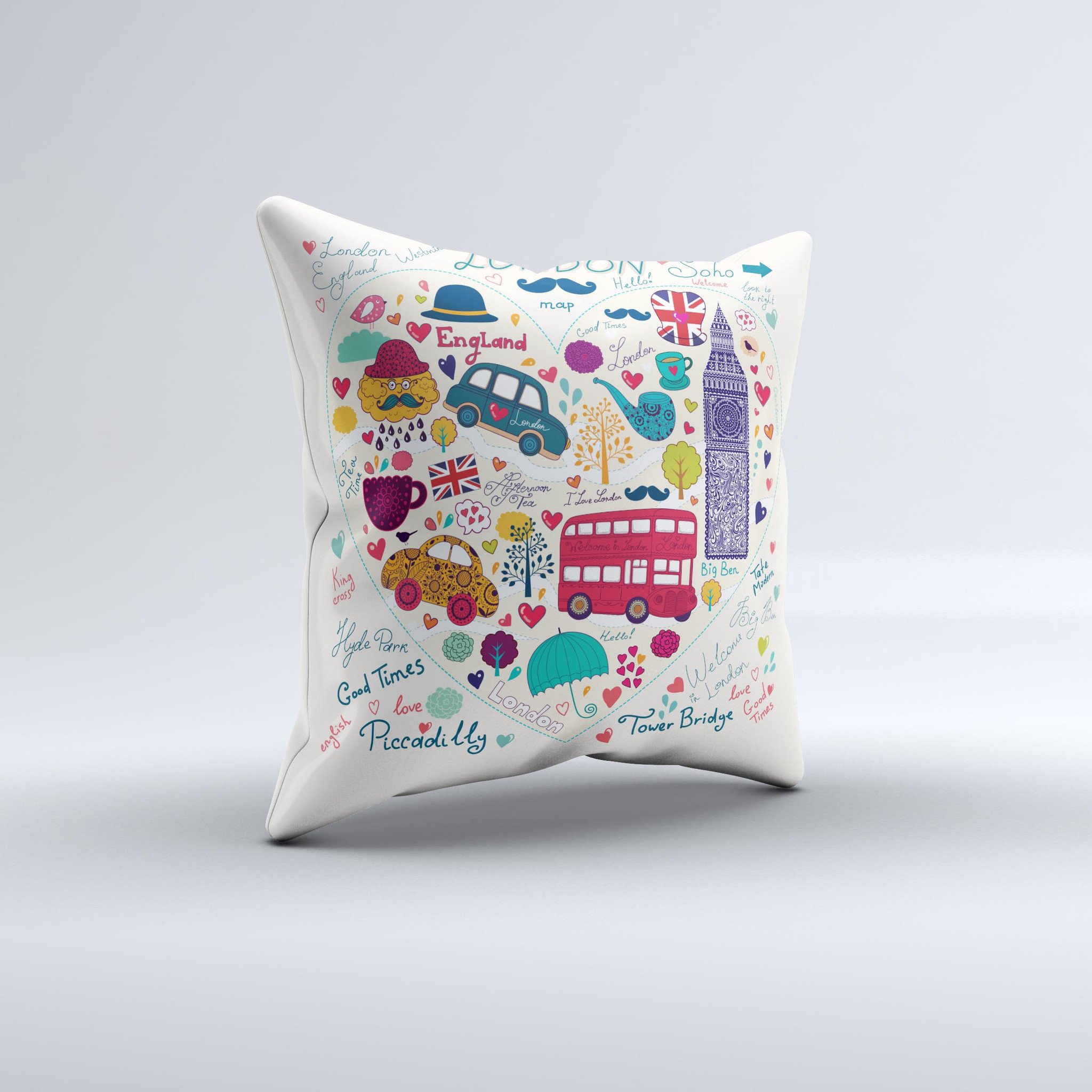 Vector London Sketchbook Collage Ink-Fuzed Decorative Throw Pillow featuring unique artistic design and high-quality fabric.