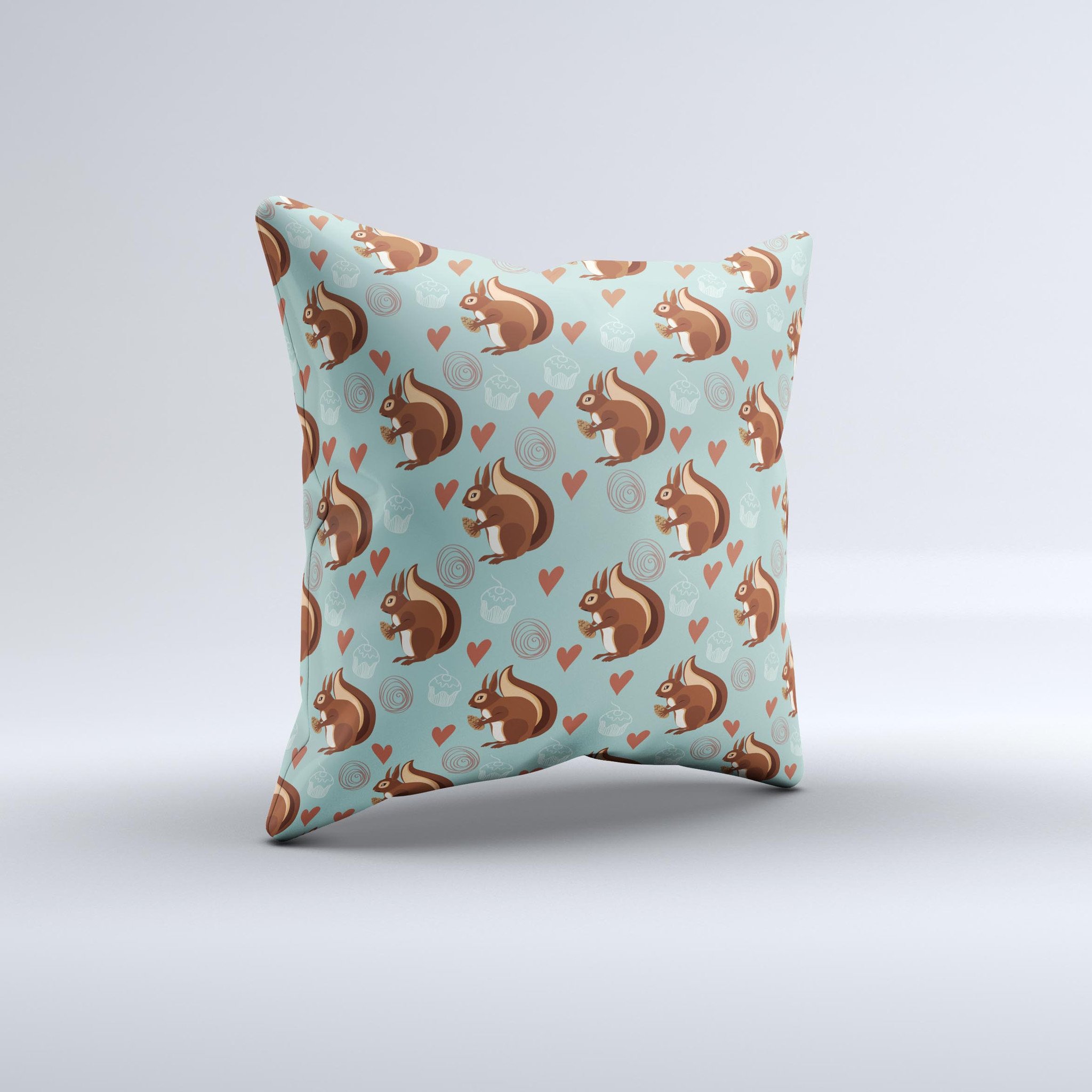 Vector Love & Nuts Squirrel decorative throw pillow featuring a whimsical squirrel design, handcrafted in Virginia with high-quality materials.