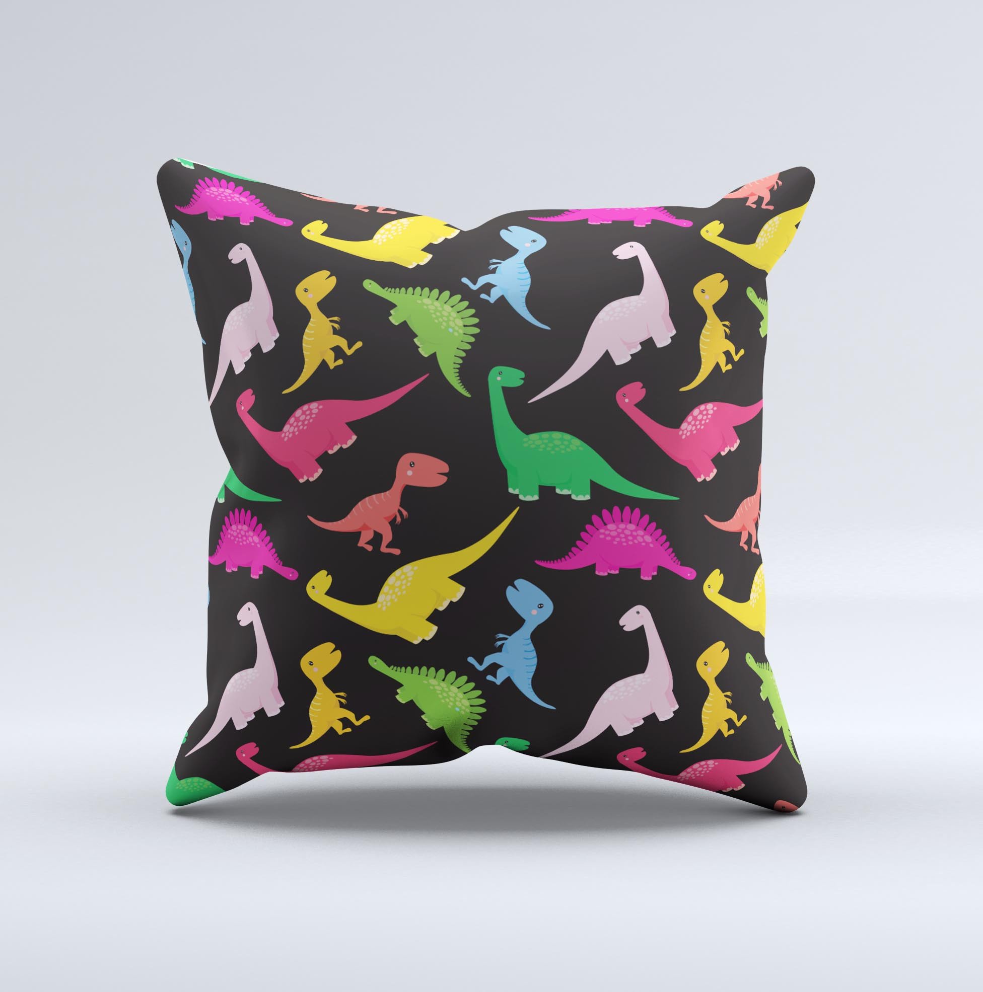 Vector Neon Dinosaur Ink-Fuzed Decorative Throw Pillow featuring a vibrant dinosaur design on a high-quality fabric.