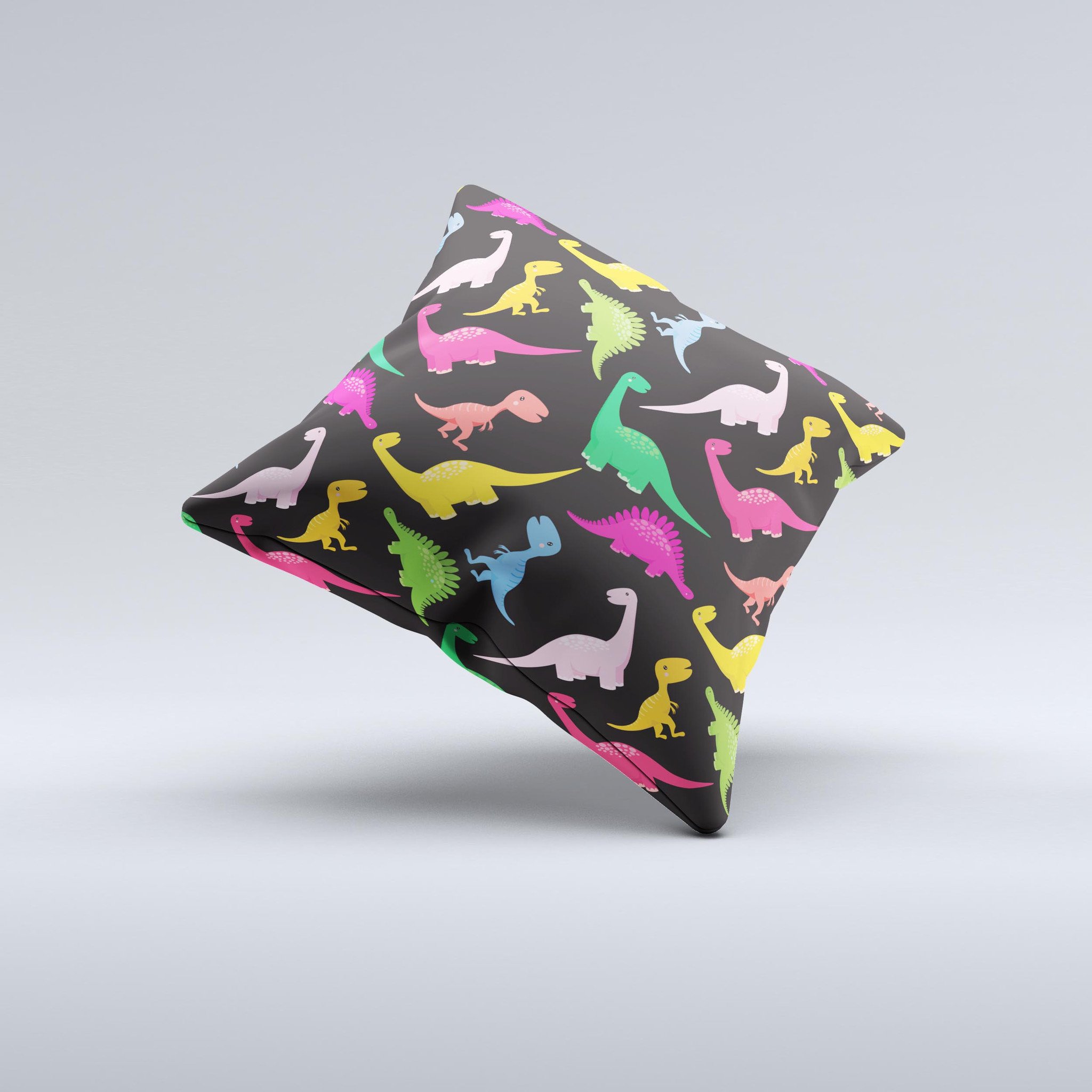 Vector Neon Dinosaur Ink-Fuzed Decorative Throw Pillow featuring a vibrant dinosaur design on a high-quality fabric.