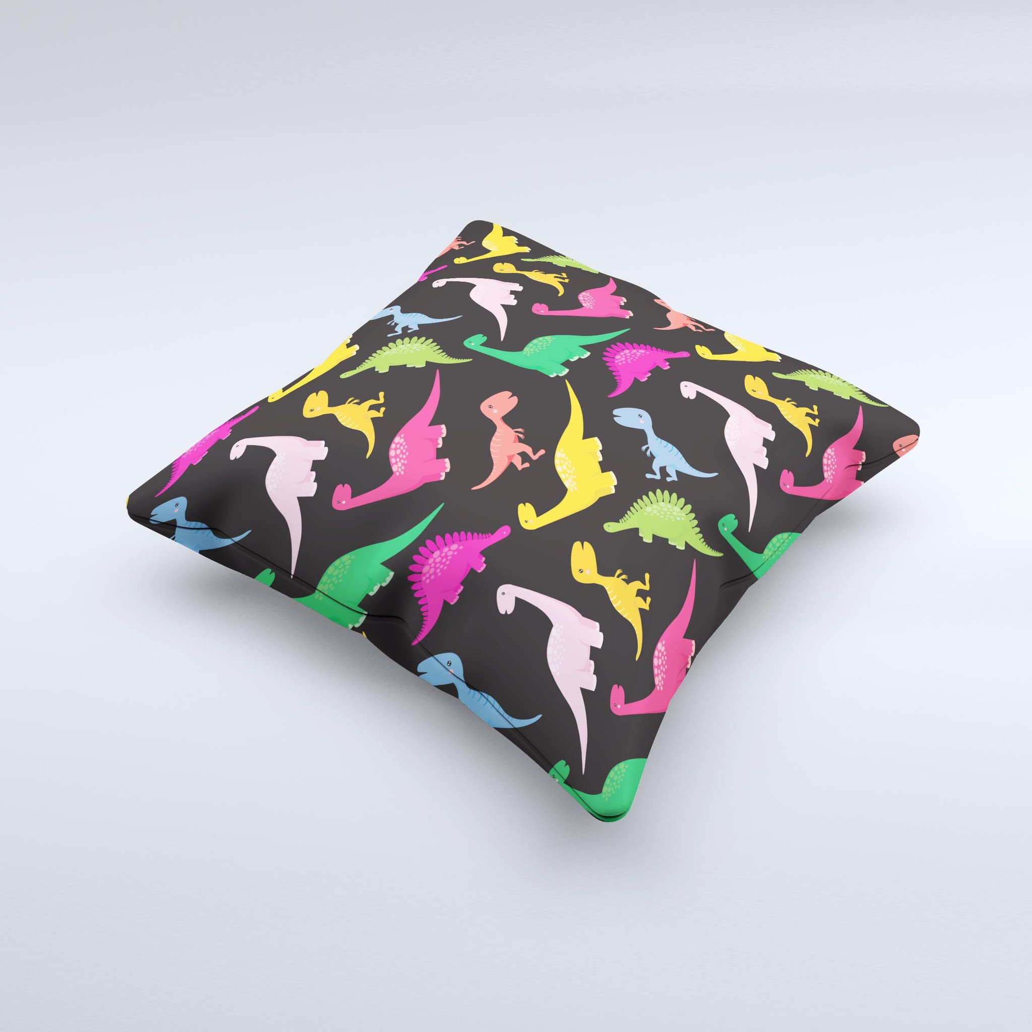 Vector Neon Dinosaur Ink-Fuzed Decorative Throw Pillow featuring a vibrant dinosaur design on a high-quality fabric.