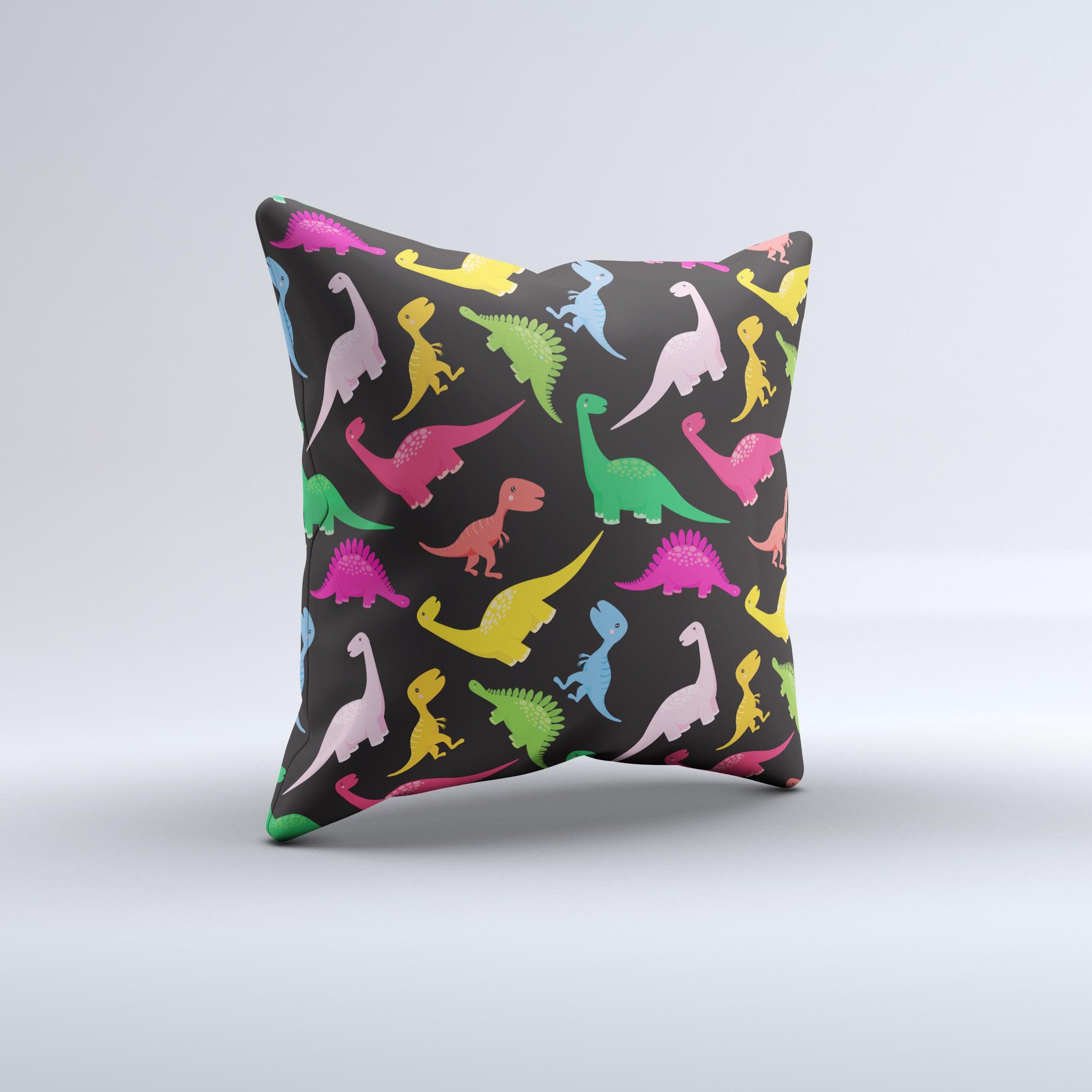 Vector Neon Dinosaur Ink-Fuzed Decorative Throw Pillow featuring a vibrant dinosaur design on a high-quality fabric.