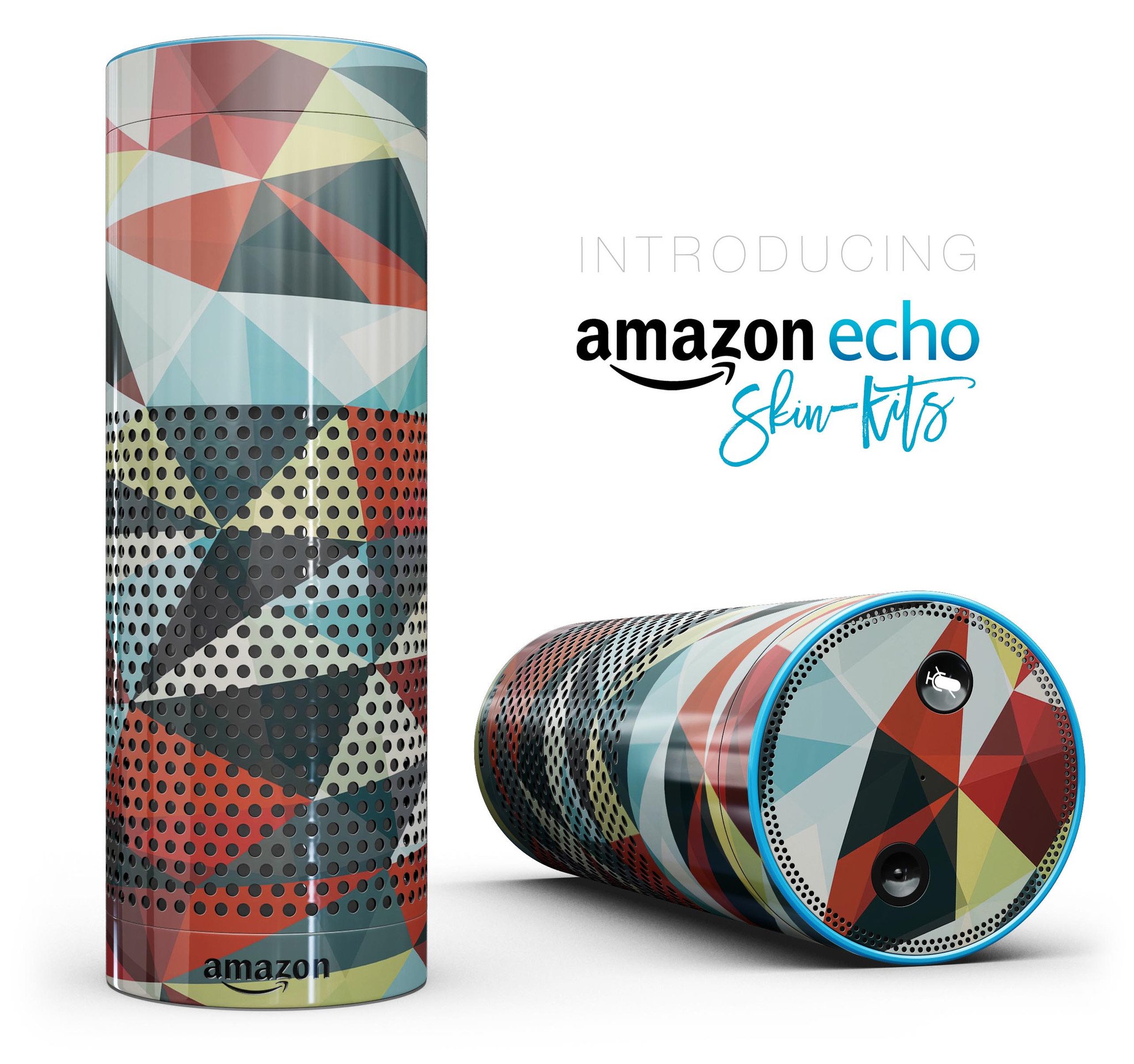 Vector Red and Blue 3D Triangular Surface skin-kit for Amazon Echo, showcasing vibrant colors and precise cutouts for full-body protection.