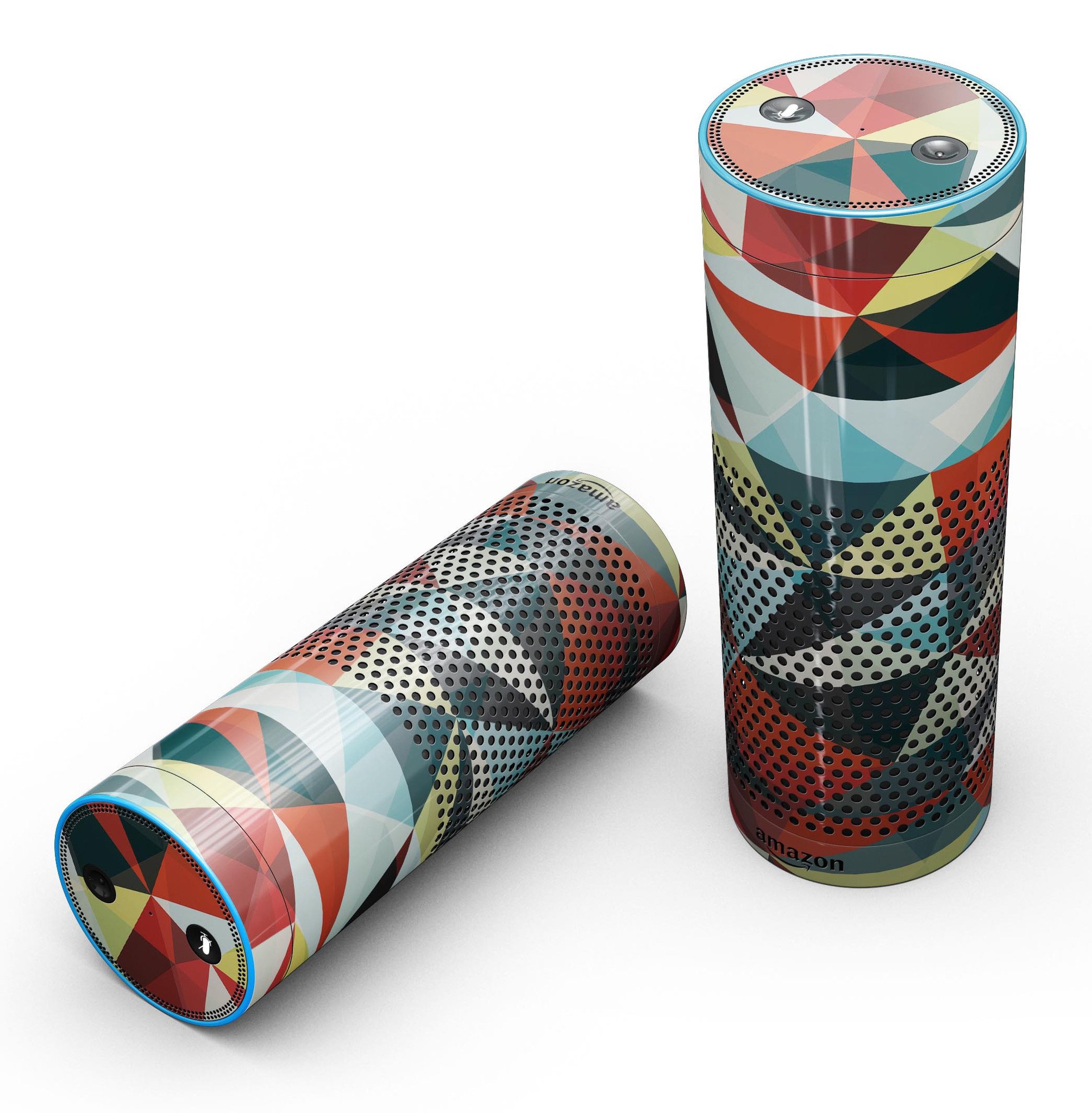 Vector Red and Blue 3D Triangular Surface skin-kit for Amazon Echo, showcasing vibrant colors and precise cutouts for full-body protection.