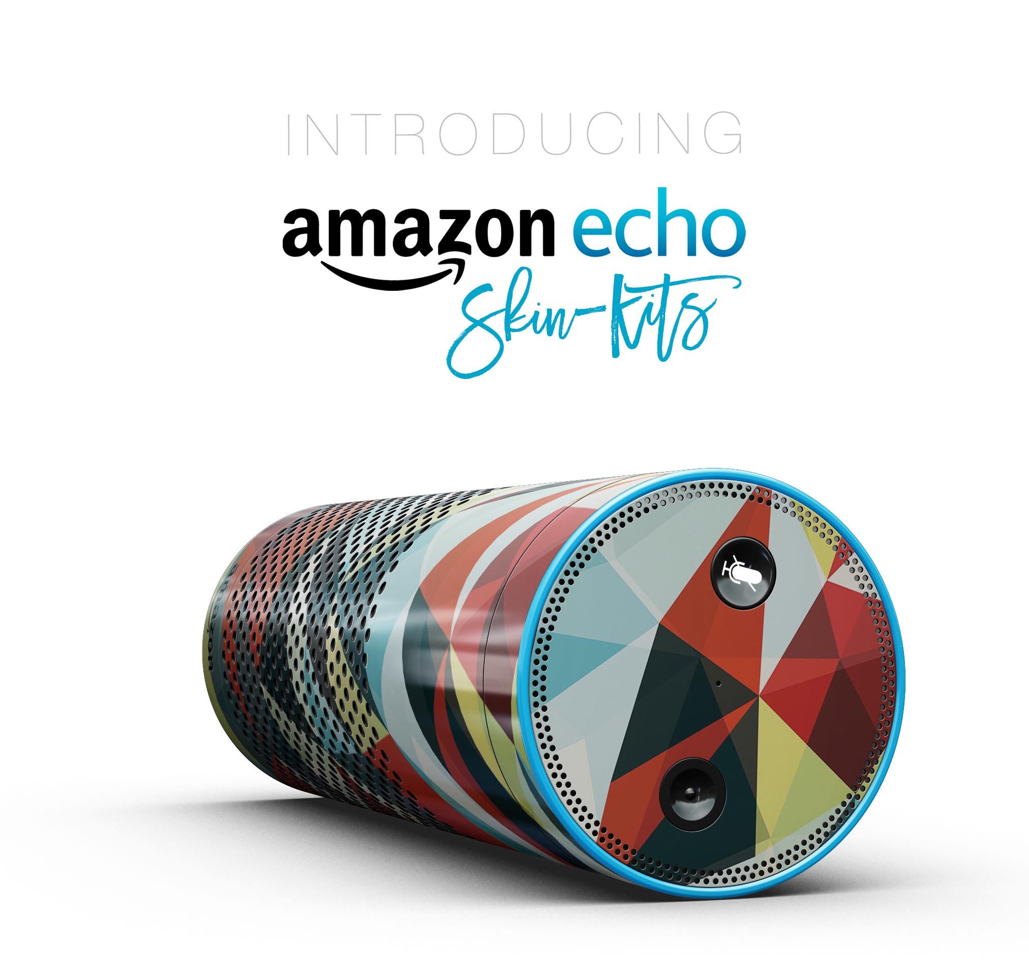 Vector Red and Blue 3D Triangular Surface skin-kit for Amazon Echo, showcasing vibrant colors and precise cutouts for full-body protection.