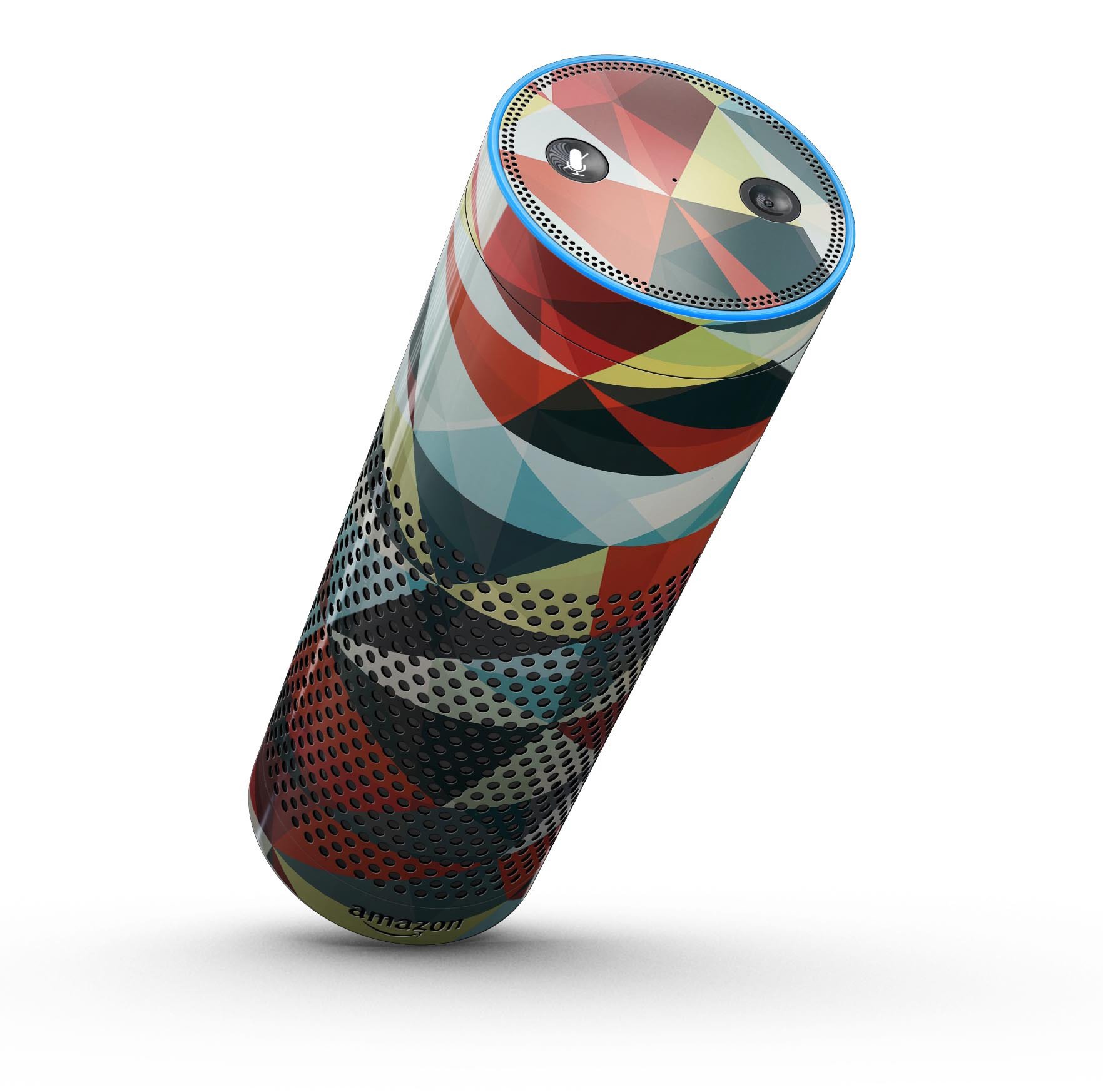 Vector Red and Blue 3D Triangular Surface skin-kit for Amazon Echo, showcasing vibrant colors and precise cutouts for full-body protection.