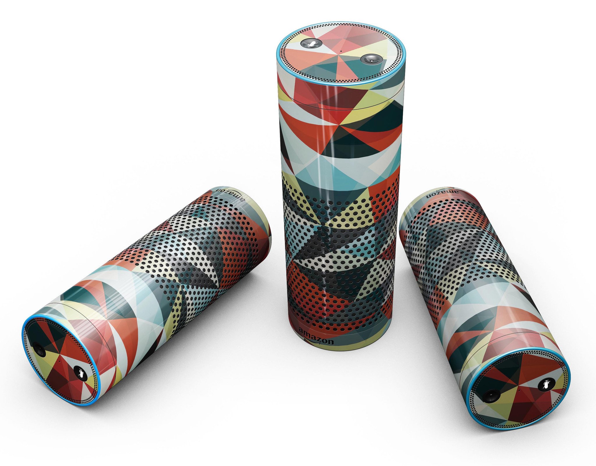 Vector Red and Blue 3D Triangular Surface skin-kit for Amazon Echo, showcasing vibrant colors and precise cutouts for full-body protection.