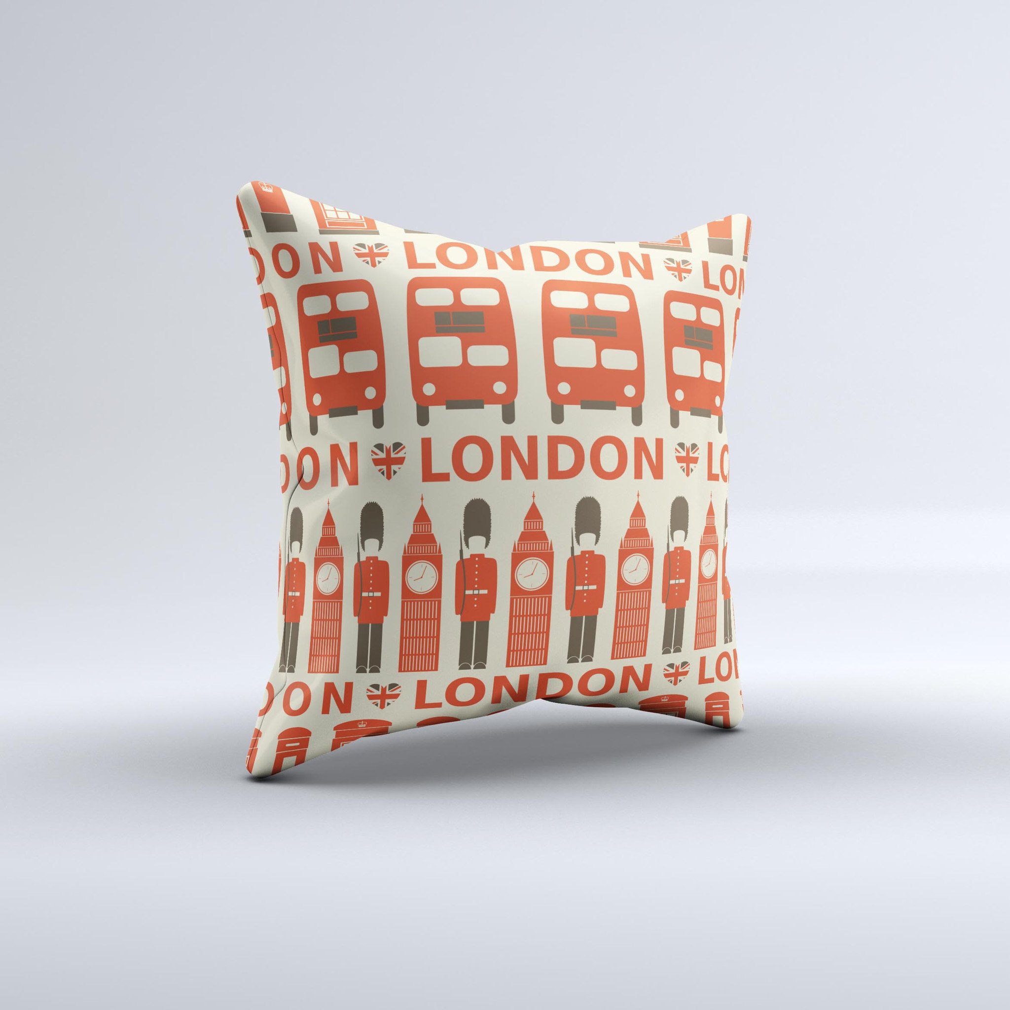 Vector Tan and Red London Ink-Fuzed Decorative Throw Pillow showcasing intricate design and high-quality fabric.