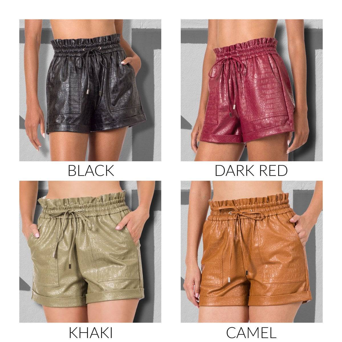 Stylish Vegan Leather Croc Shorts with a paper bag design and drawstring waistband, perfect for casual and chic outfits.