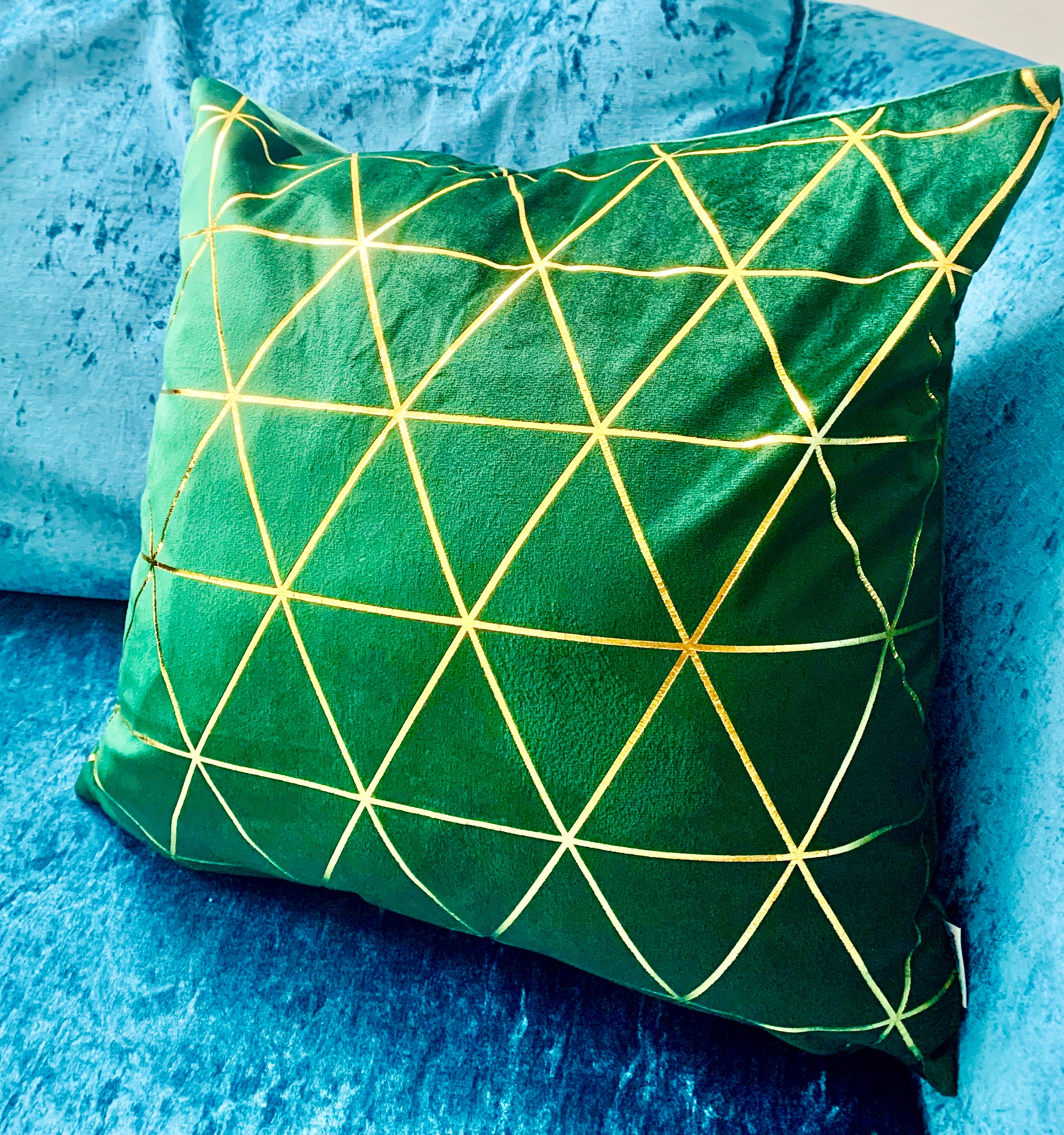 Luxurious velvet cushion cover in green and gold pattern, featuring an embroidered design and invisible zipper.