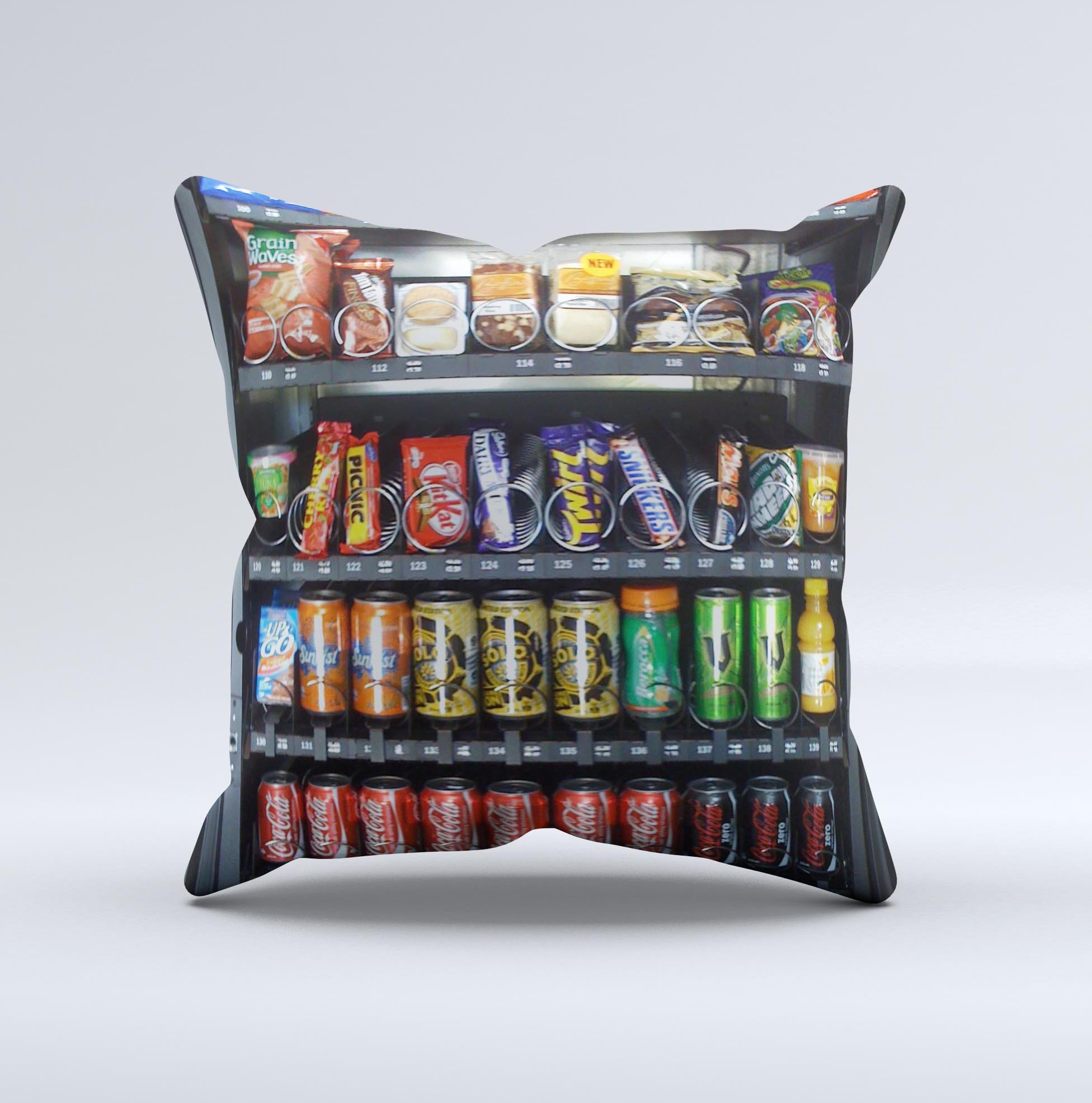 Vending Machine Ink-Fuzed Decorative Throw Pillow featuring unique hand-produced graphic design, crafted in Virginia with high-quality materials.