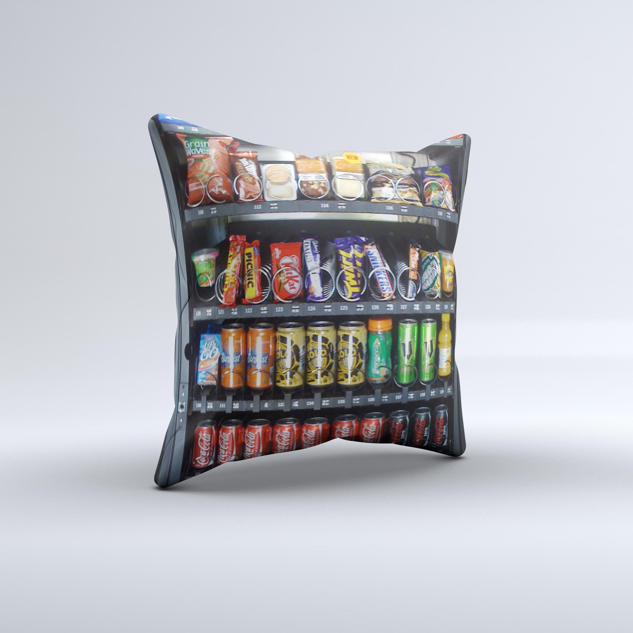 Vending Machine Ink-Fuzed Decorative Throw Pillow featuring unique hand-produced graphic design, crafted in Virginia with high-quality materials.