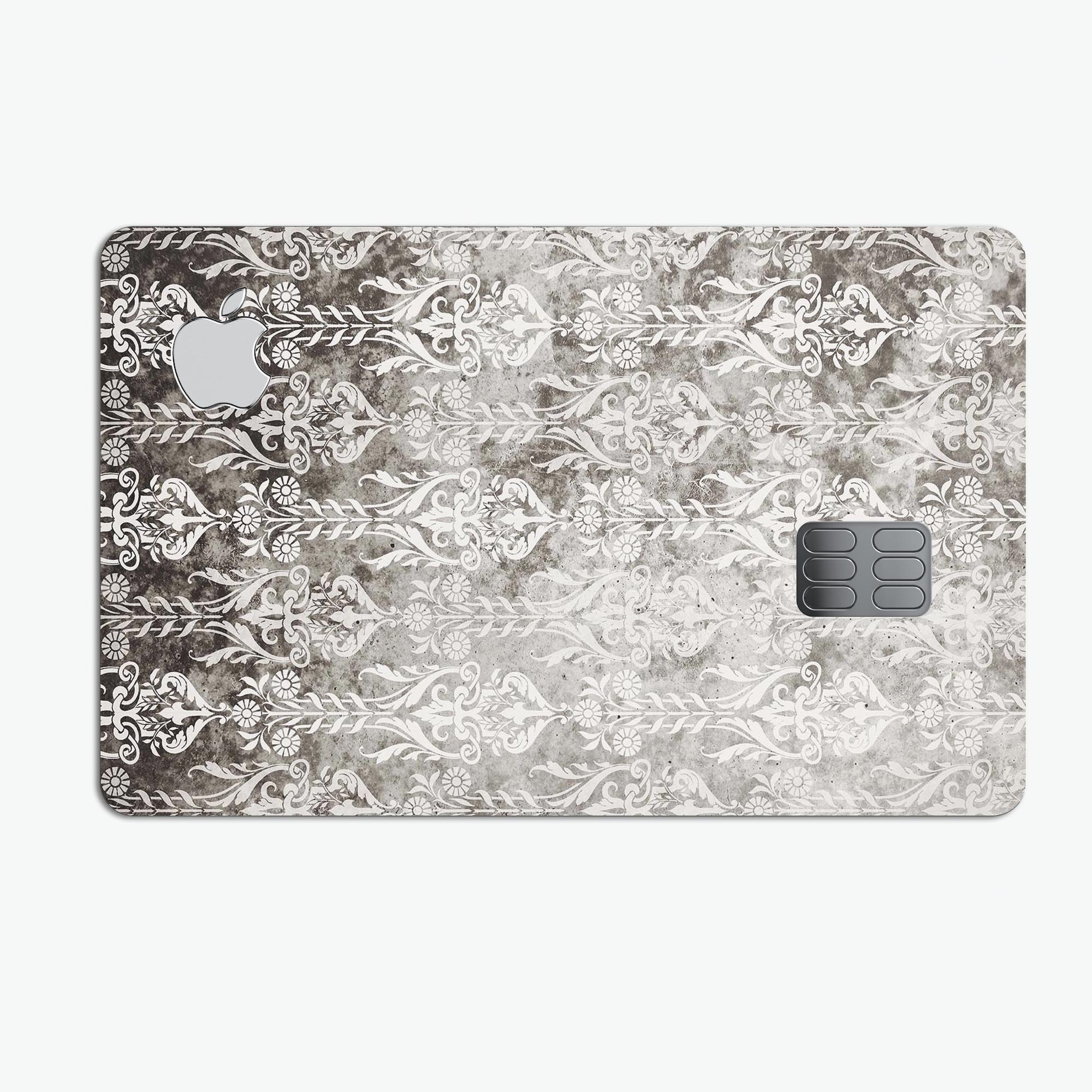 Vertical black and white damask pattern protective decal for Apple Card, showcasing its elegant design and premium quality.