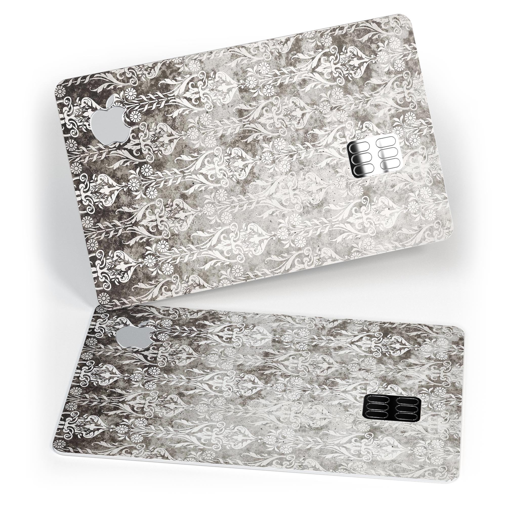 Vertical black and white damask pattern protective decal for Apple Card, showcasing its elegant design and premium quality.