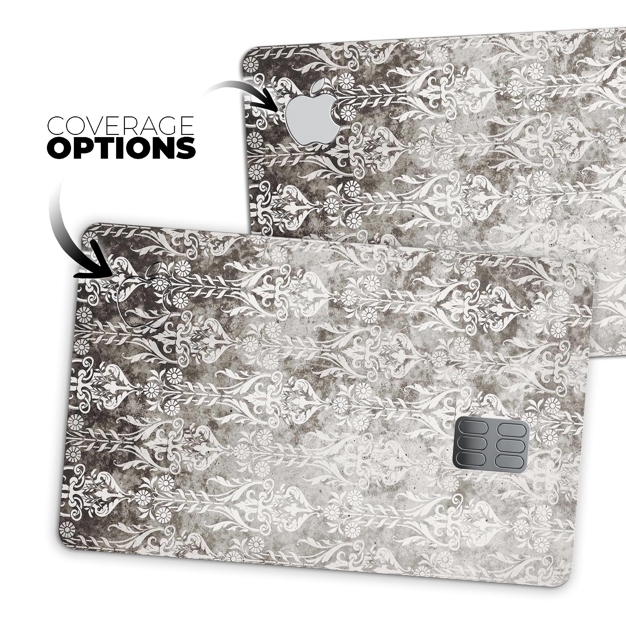 Vertical black and white damask pattern protective decal for Apple Card, showcasing its elegant design and premium quality.