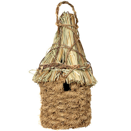 Vetiver Bird House with Straw Roof, handcrafted by Haitian artisans, featuring natural vetiver grass and a charming straw roof design.