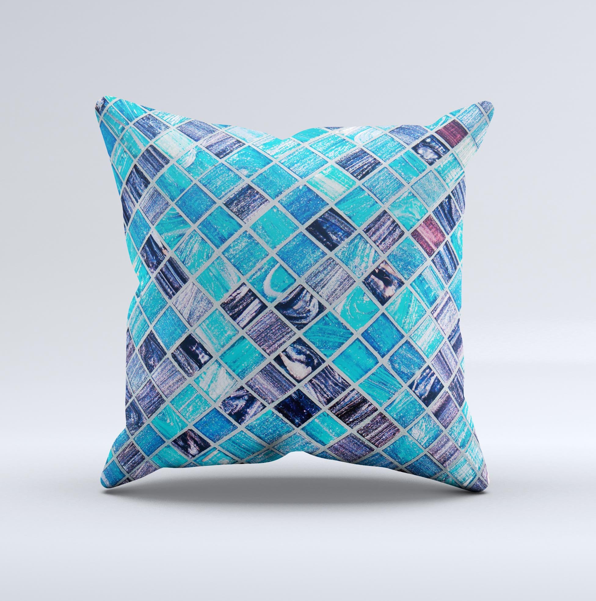 Vibrant Blue Glow-Tiles decorative throw pillow with intricate design, handcrafted in Virginia, showcasing unique patterns and colors.