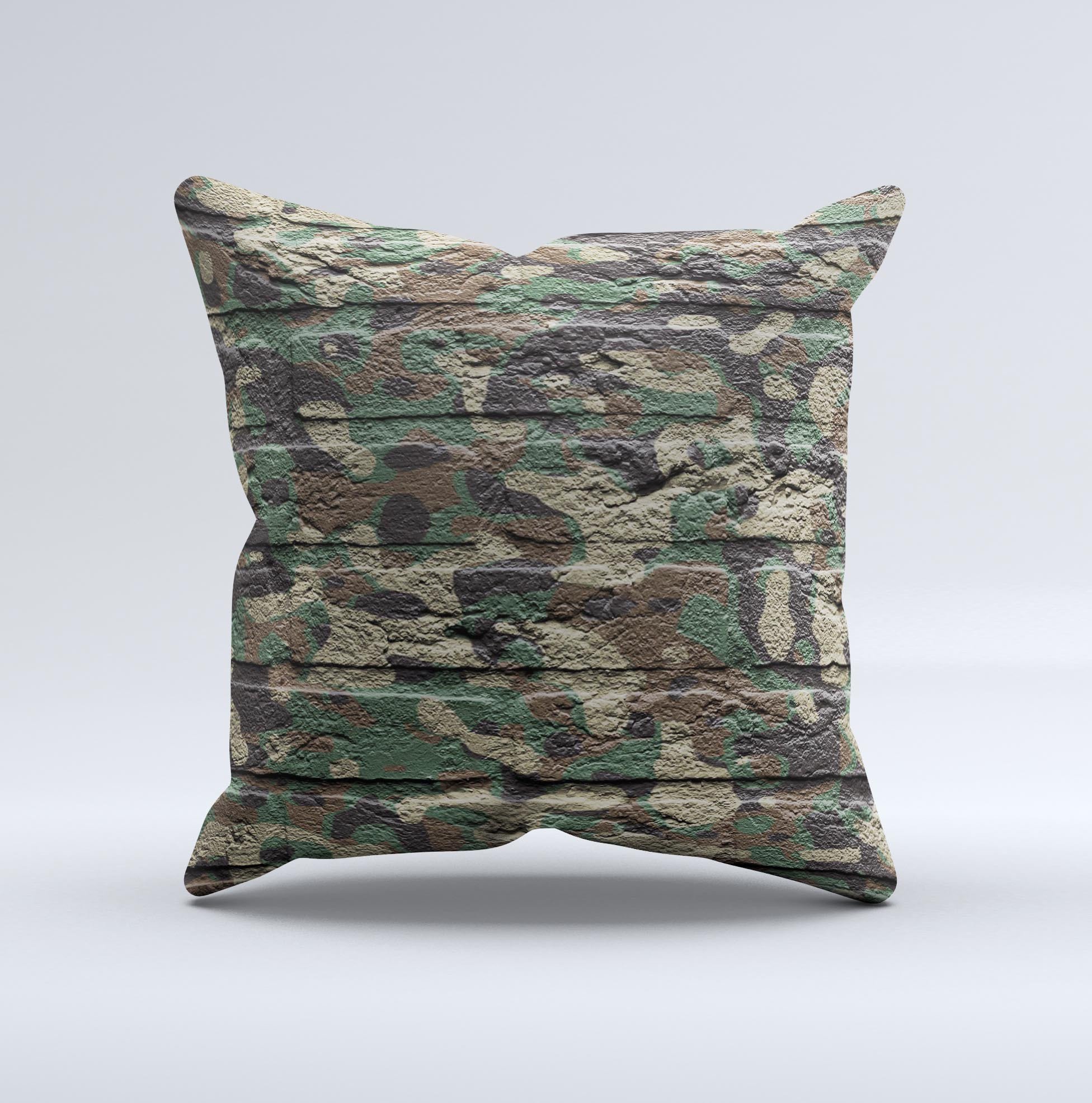 Vibrant Brick Camouflage Wall Throw Pillow showcasing a unique design with rich colors and textures, handcrafted in Virginia.