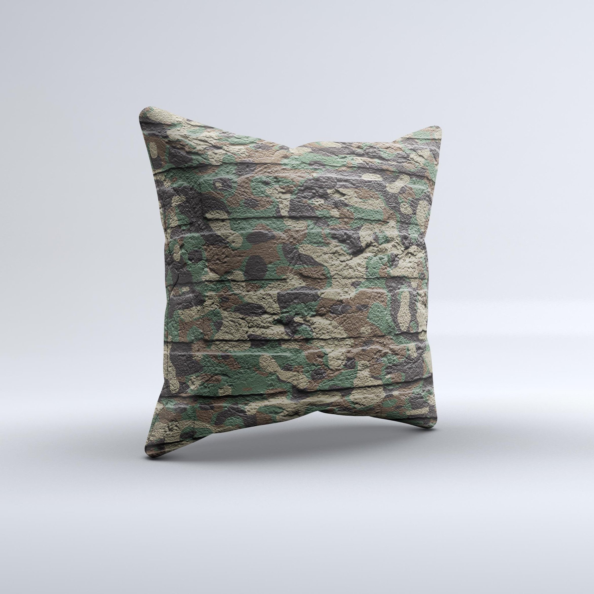 Vibrant Brick Camouflage Wall Throw Pillow showcasing a unique design with rich colors and textures, handcrafted in Virginia.