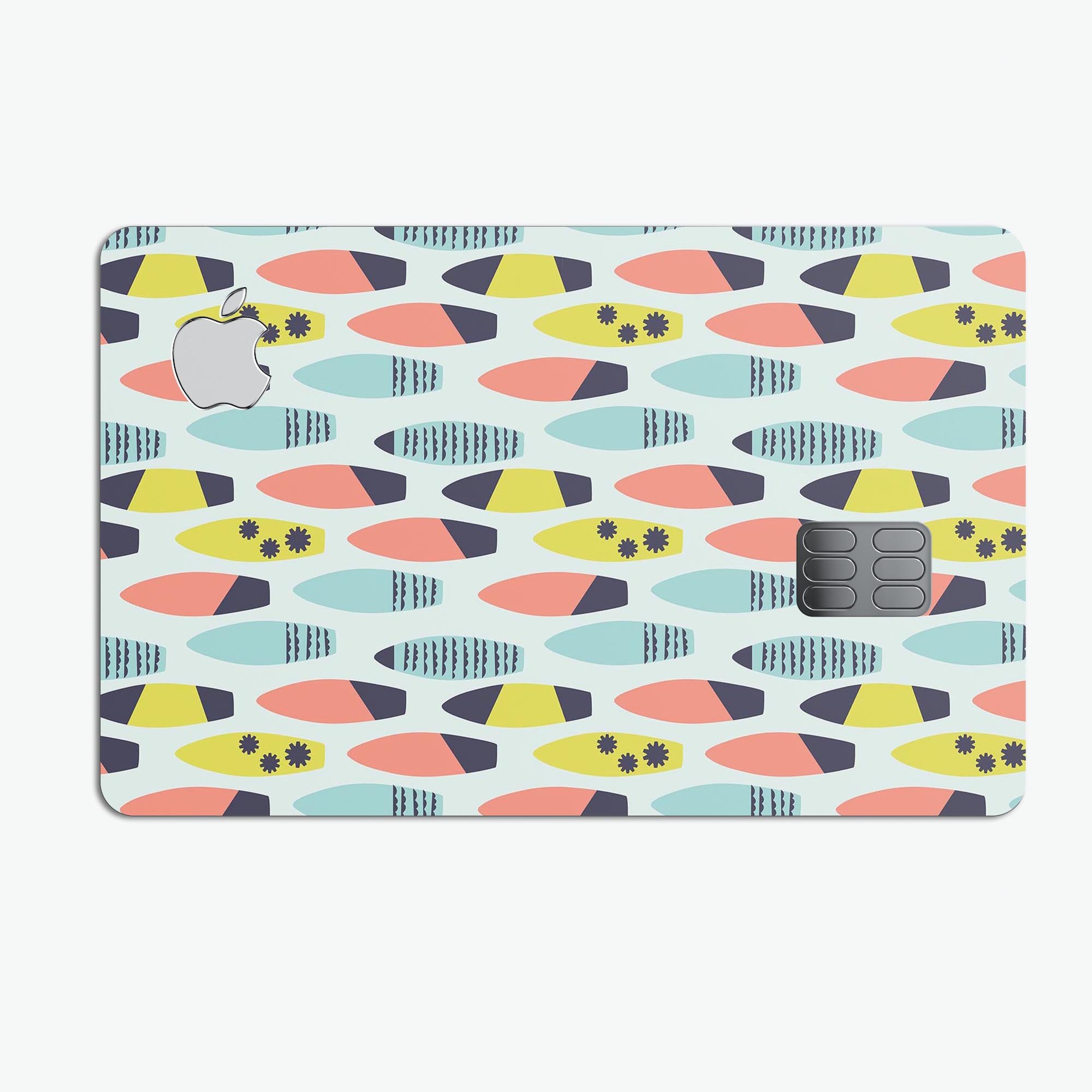 Vibrant colored surfboard pattern decal skin for Apple Card, showcasing a stylish design with premium vinyl protection.