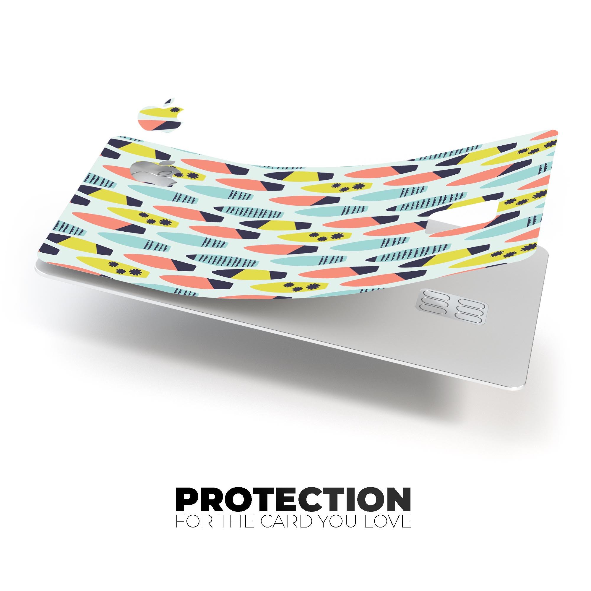 Vibrant colored surfboard pattern decal skin for Apple Card, showcasing a stylish design with premium vinyl protection.