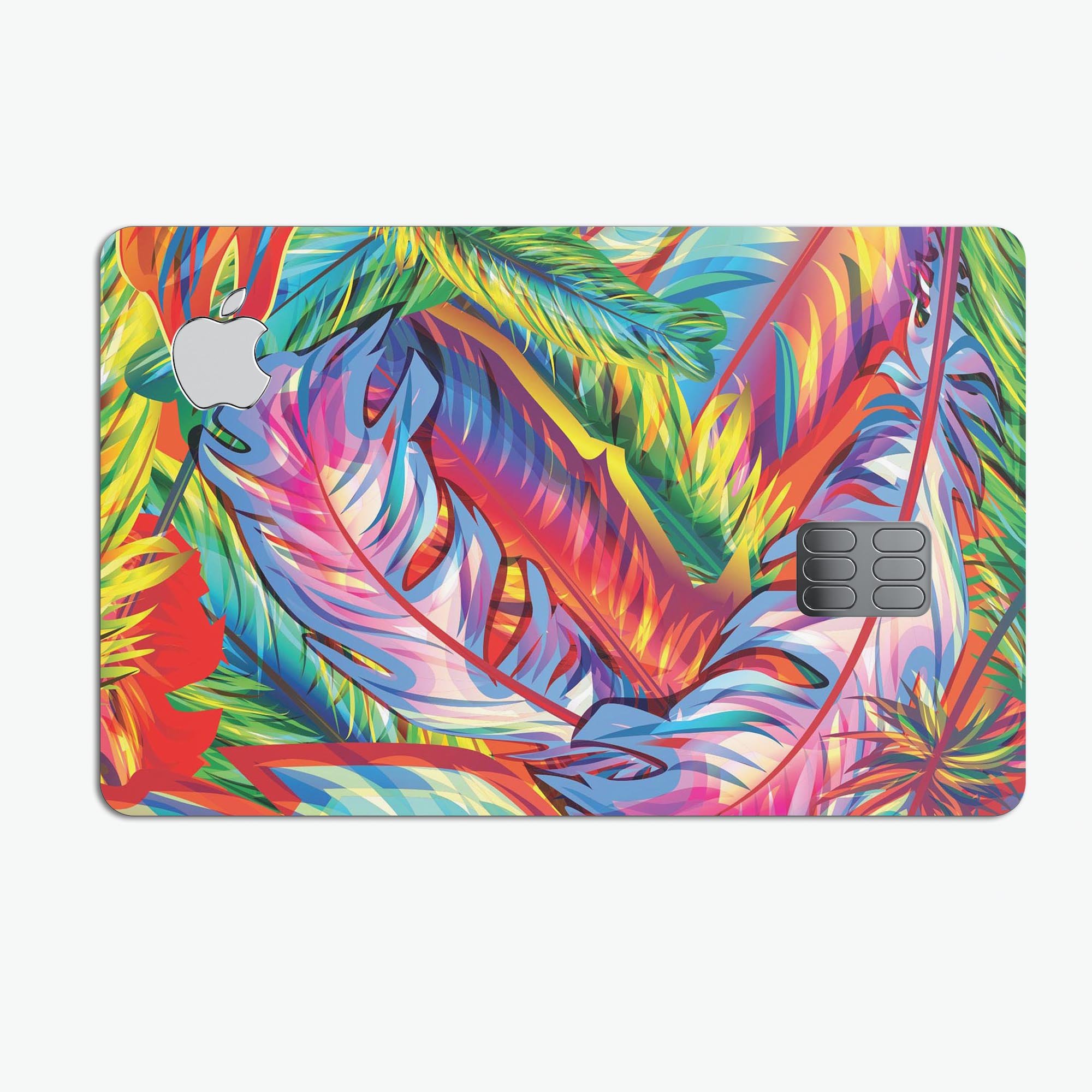 Vibrant Colorful Feathers decal skin-kit for Apple Card, showcasing a colorful feather design on a sleek surface.