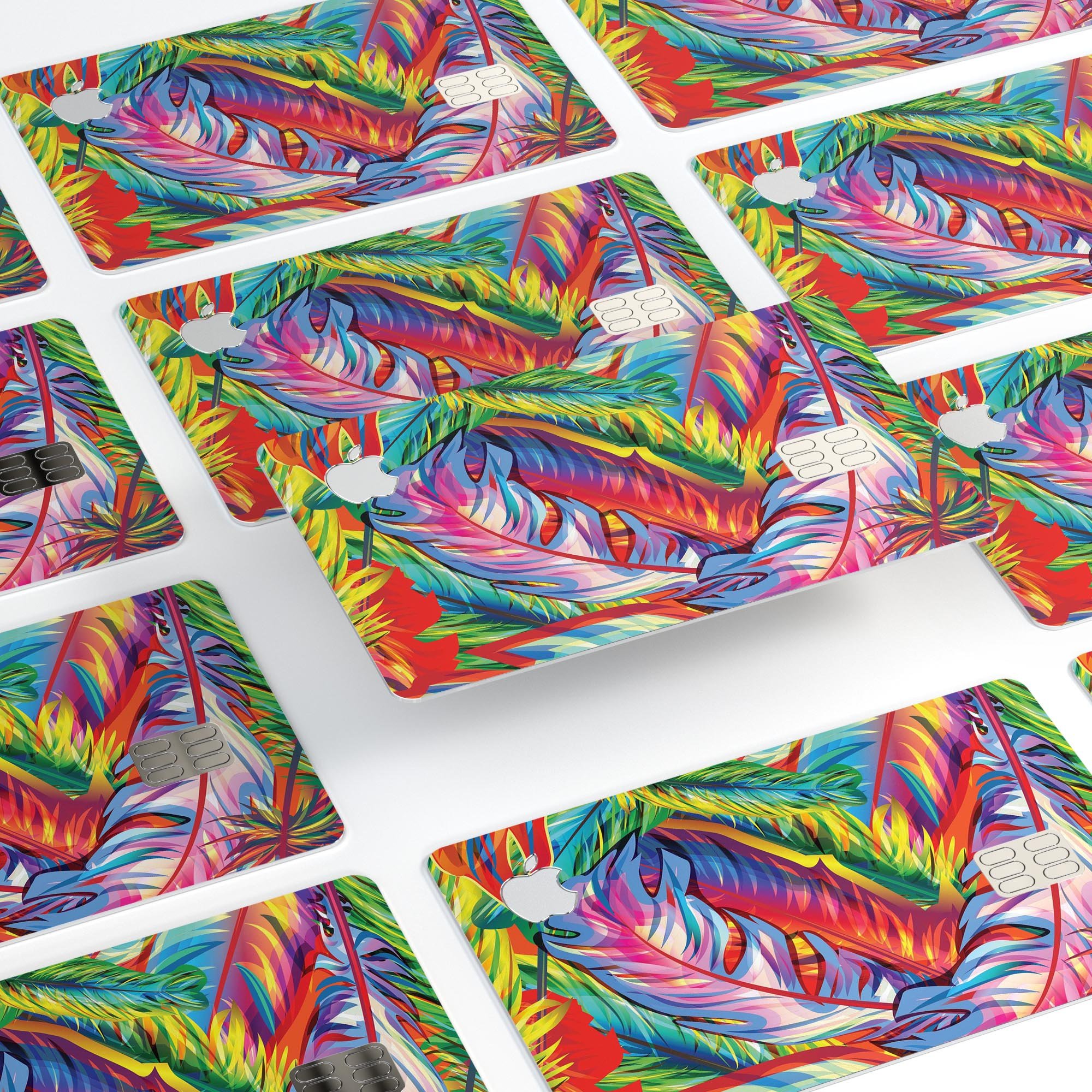 Vibrant Colorful Feathers decal skin-kit for Apple Card, showcasing a colorful feather design on a sleek surface.