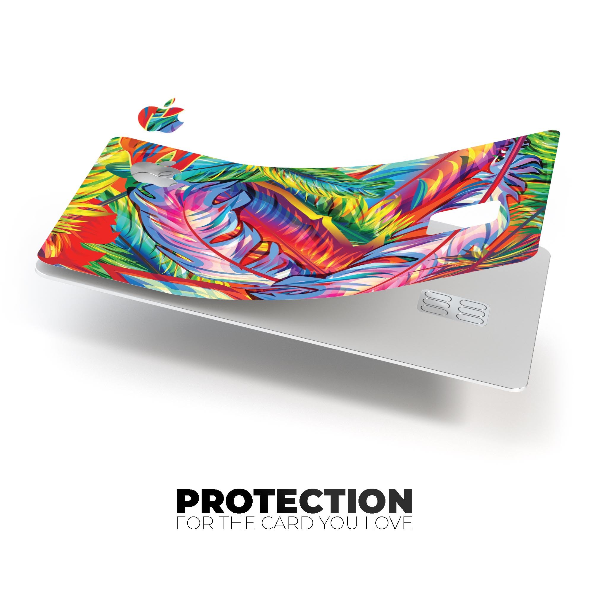 Vibrant Colorful Feathers decal skin-kit for Apple Card, showcasing a colorful feather design on a sleek surface.