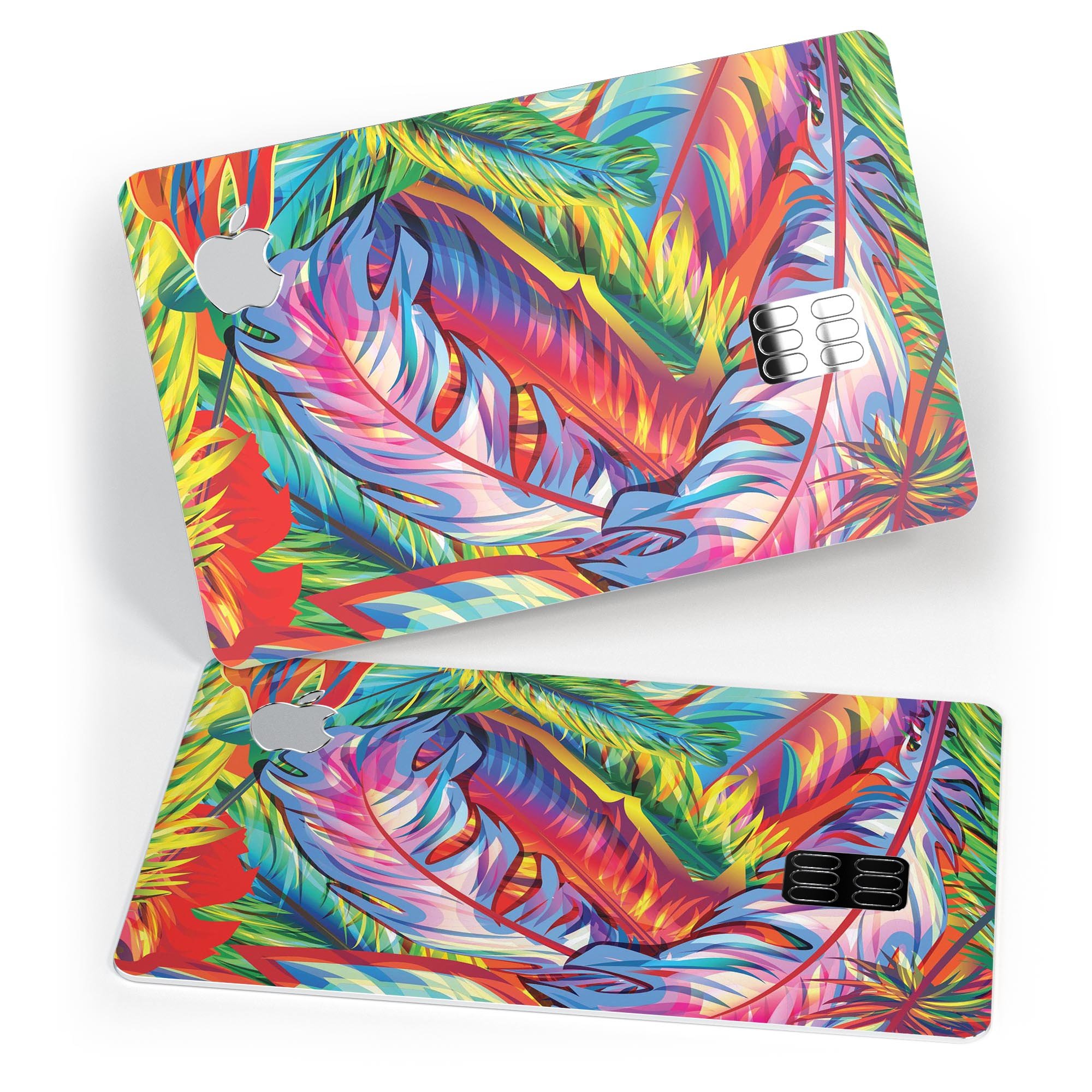 Vibrant Colorful Feathers decal skin-kit for Apple Card, showcasing a colorful feather design on a sleek surface.