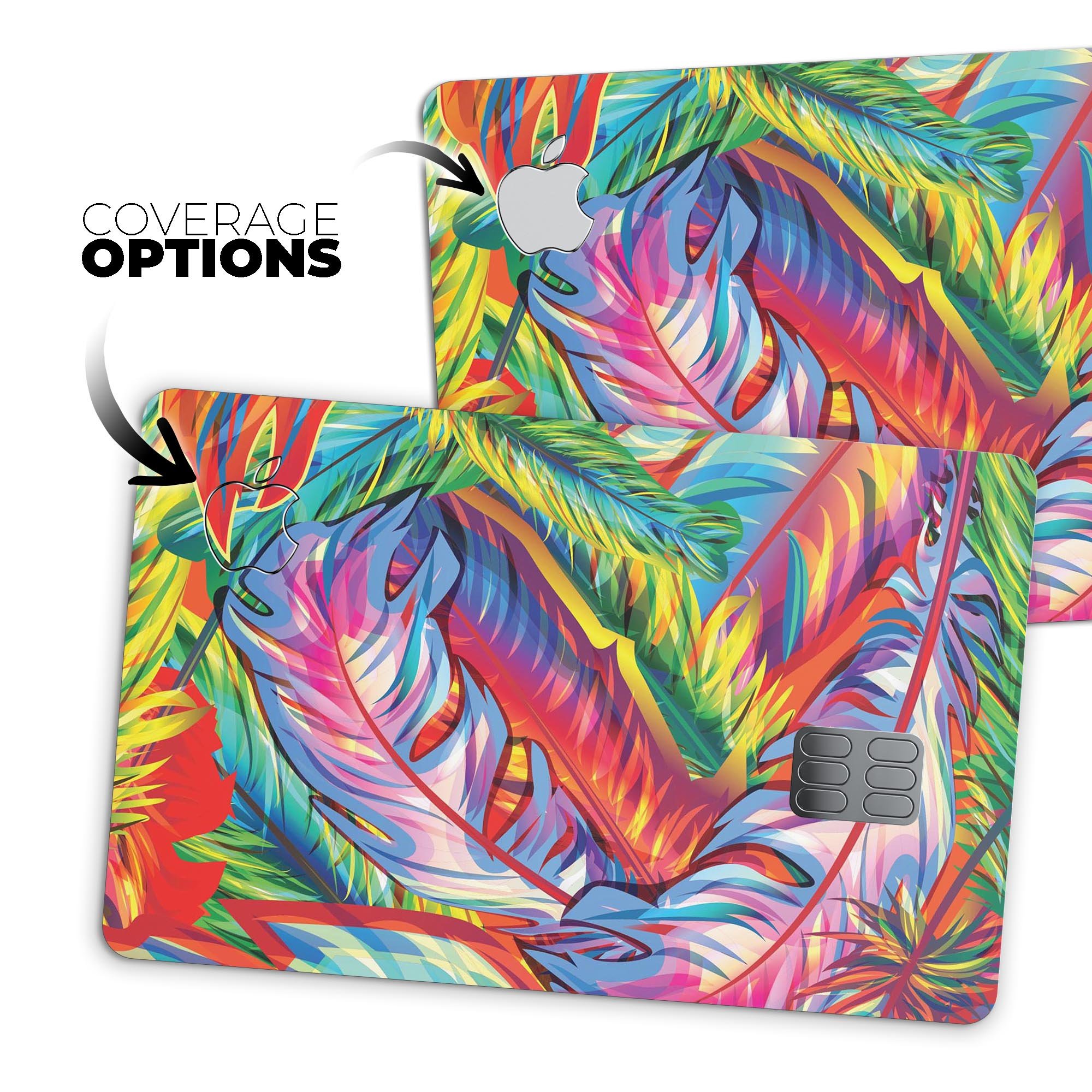 Vibrant Colorful Feathers decal skin-kit for Apple Card, showcasing a colorful feather design on a sleek surface.