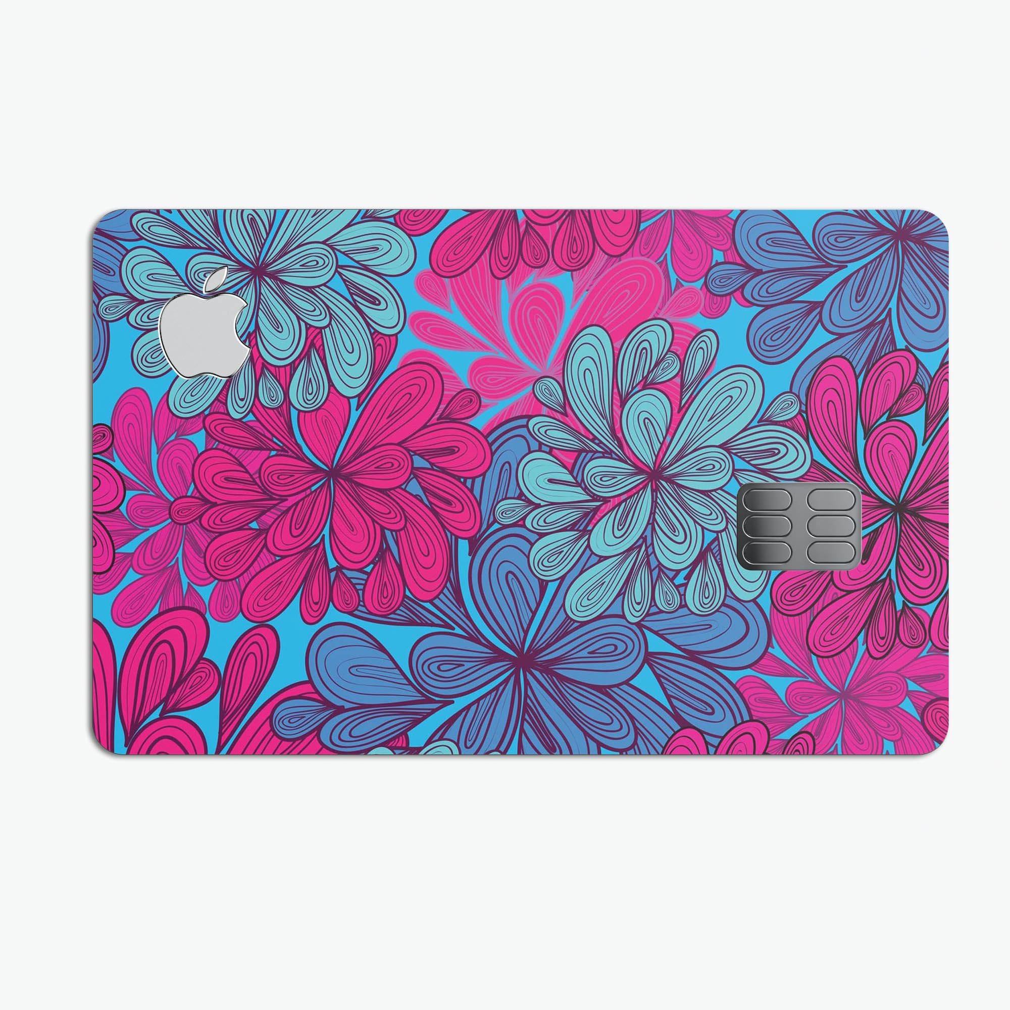 Vibrant floral decal skin kit for Apple Card, showcasing colorful floral patterns on a sleek surface.