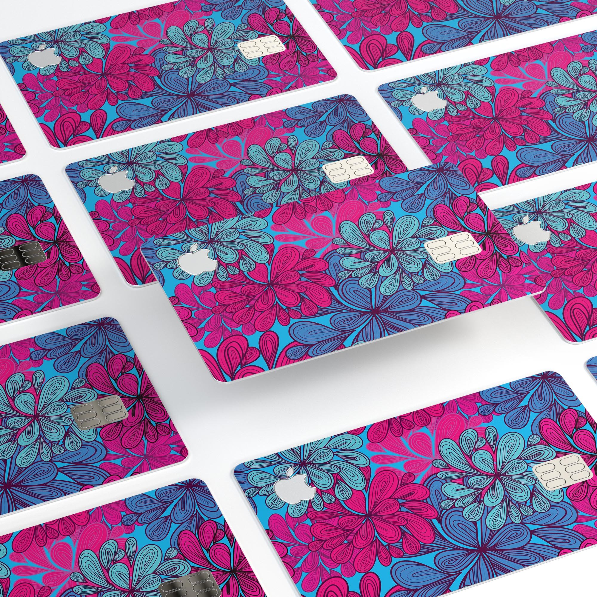 Vibrant floral decal skin kit for Apple Card, showcasing colorful floral patterns on a sleek surface.