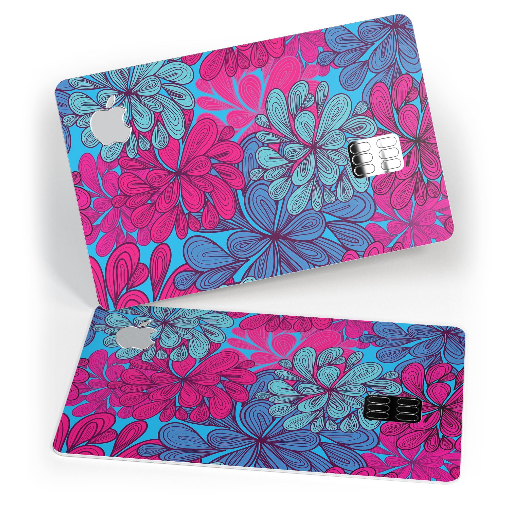 Vibrant floral decal skin kit for Apple Card, showcasing colorful floral patterns on a sleek surface.