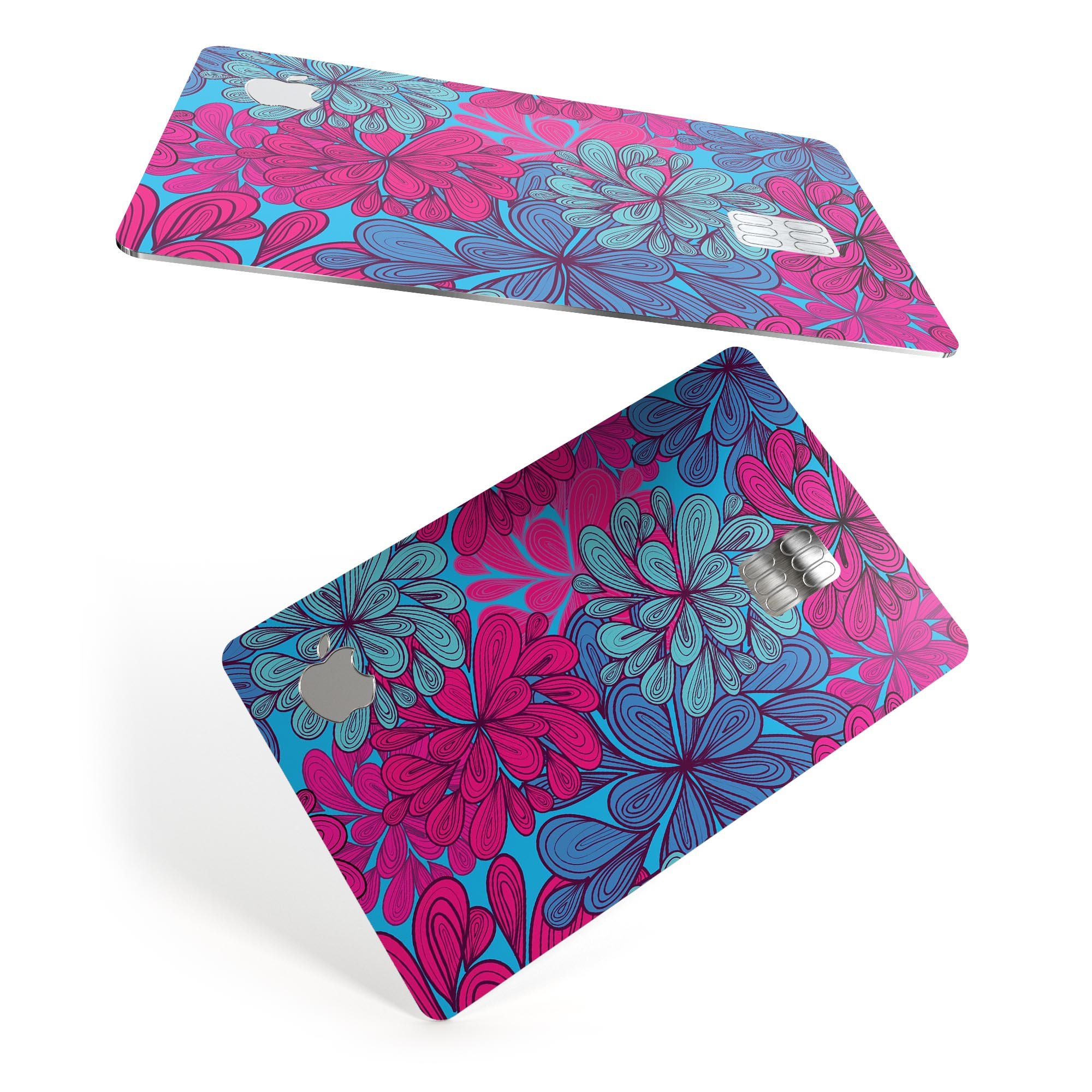 Vibrant floral decal skin kit for Apple Card, showcasing colorful floral patterns on a sleek surface.