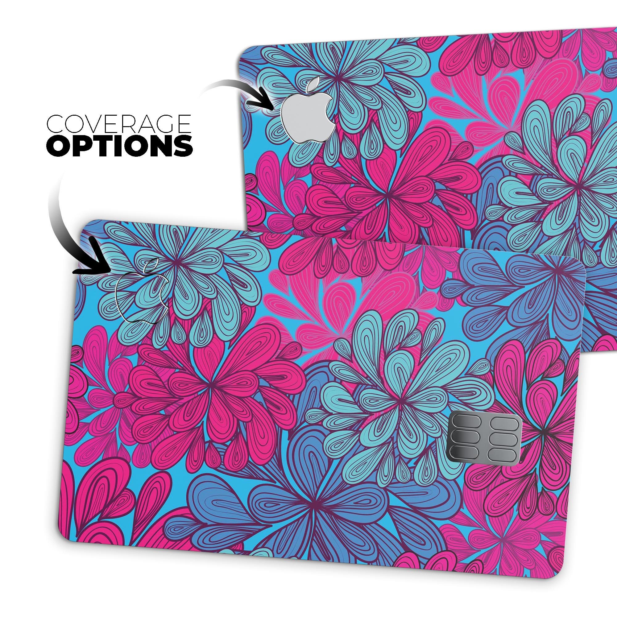 Vibrant floral decal skin kit for Apple Card, showcasing colorful floral patterns on a sleek surface.