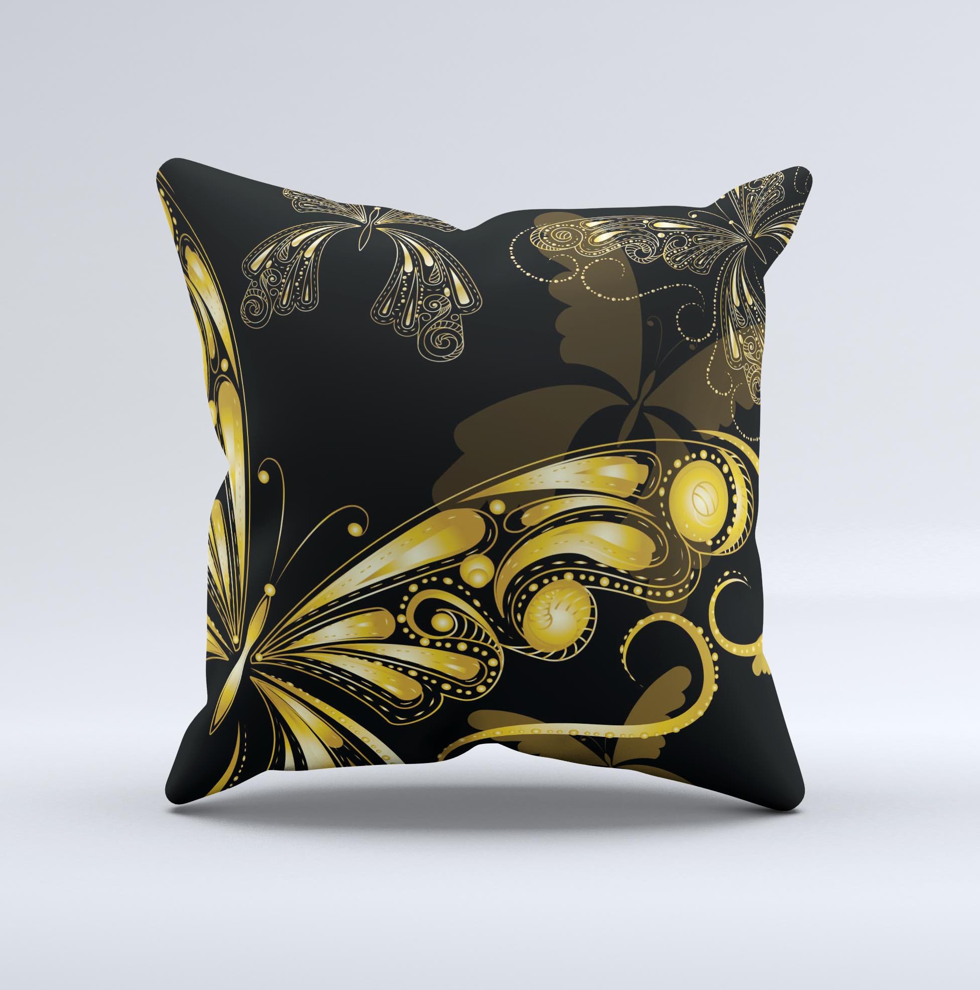 Vibrant Gold Butterfly Outline ink-Fuzed Decorative Throw Pillow showcasing a unique butterfly design on a soft fabric.