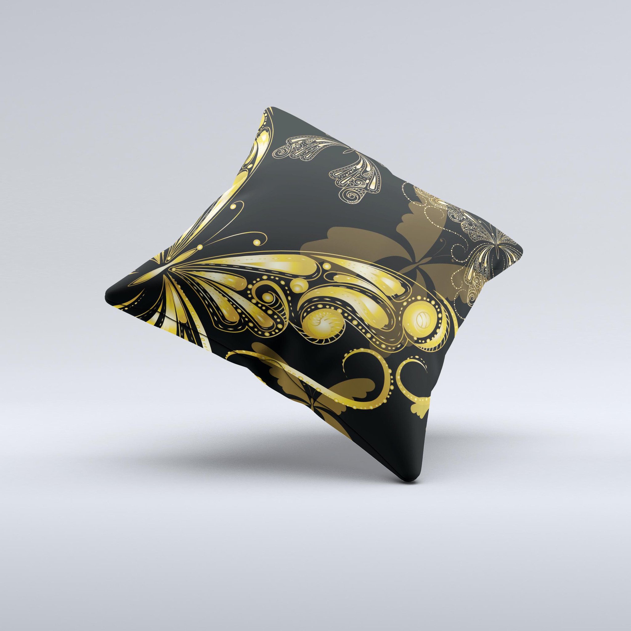 Vibrant Gold Butterfly Outline ink-Fuzed Decorative Throw Pillow showcasing a unique butterfly design on a soft fabric.