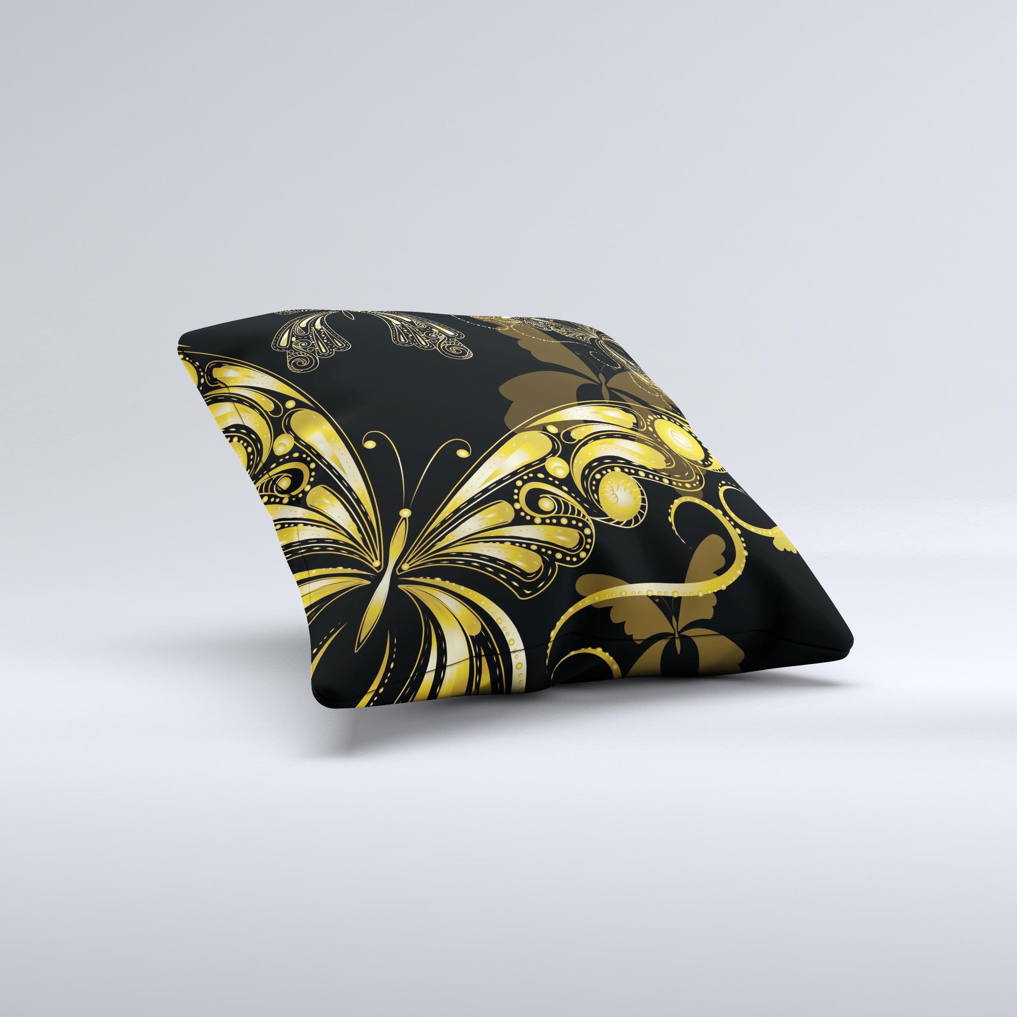 Vibrant Gold Butterfly Outline ink-Fuzed Decorative Throw Pillow showcasing a unique butterfly design on a soft fabric.