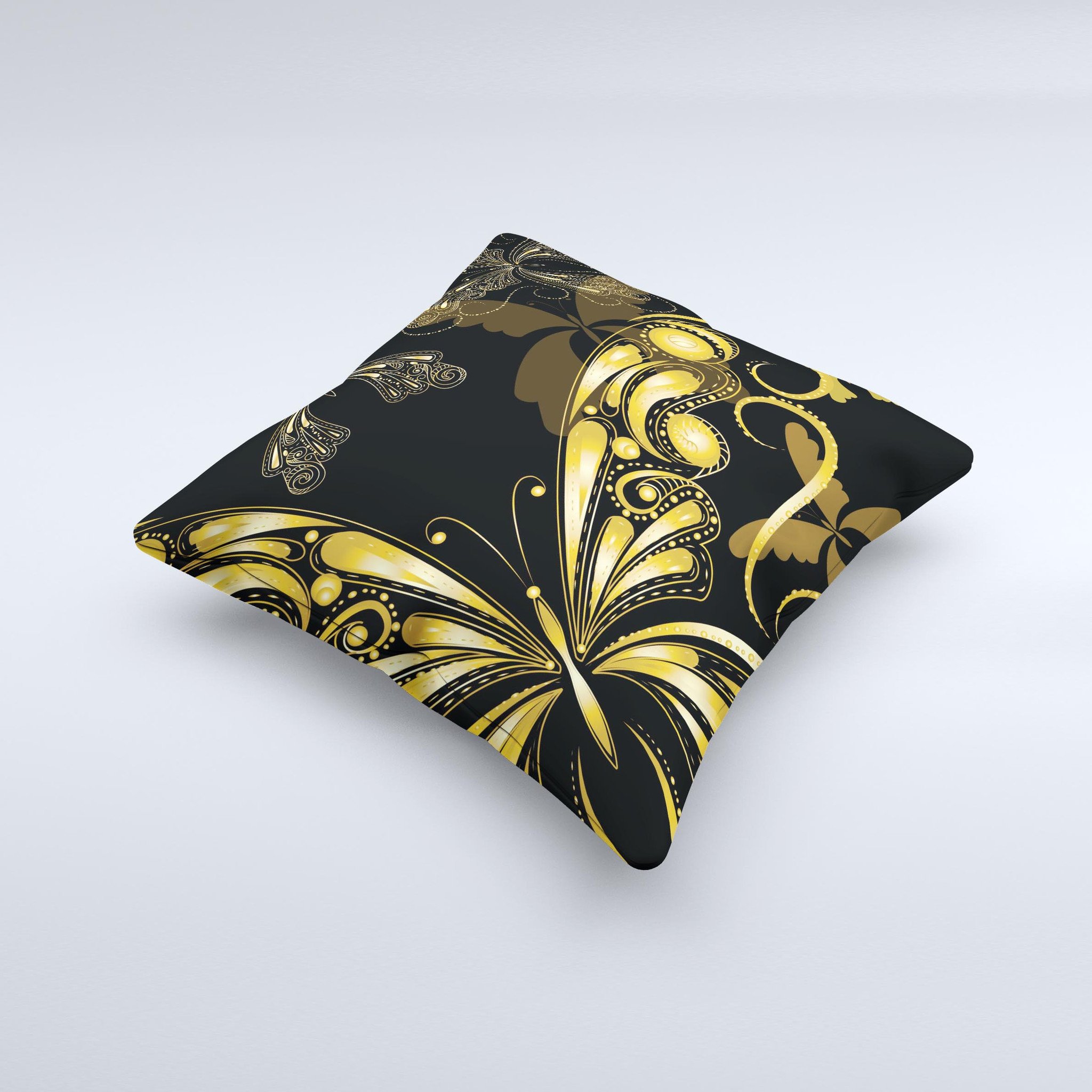 Vibrant Gold Butterfly Outline ink-Fuzed Decorative Throw Pillow showcasing a unique butterfly design on a soft fabric.